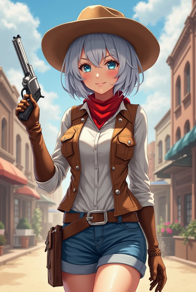 Anime drawing , Young woman, Silver White Hair Girl, , the hair was long to the , Short slit-cut hair, Hair neatly styled, blue eyes, Cute girl, Cool Girl,calm face expresses maturity, Gentle Smile, hourglass shape, Wear a collared shirt with long sleeves., White collar shirt, Brown sleeved leather vest, Cowboy hat worn over collar, cowboy style vest,  Wearing a red scarf , cowboy scarf, blue shorts, brown leather belt, Brown cowboy hat, leather style boots Brown cowboy, right hand holding a revolver, holding a cannon pointed up, Western-style handgun, Silver revolver,Background is street, neighborhood, community area, Western-style city Cowboy era, Sand dust flying all over the image, Lightning Spear,  maximum contrast, Anatomically qualified , masterpiece