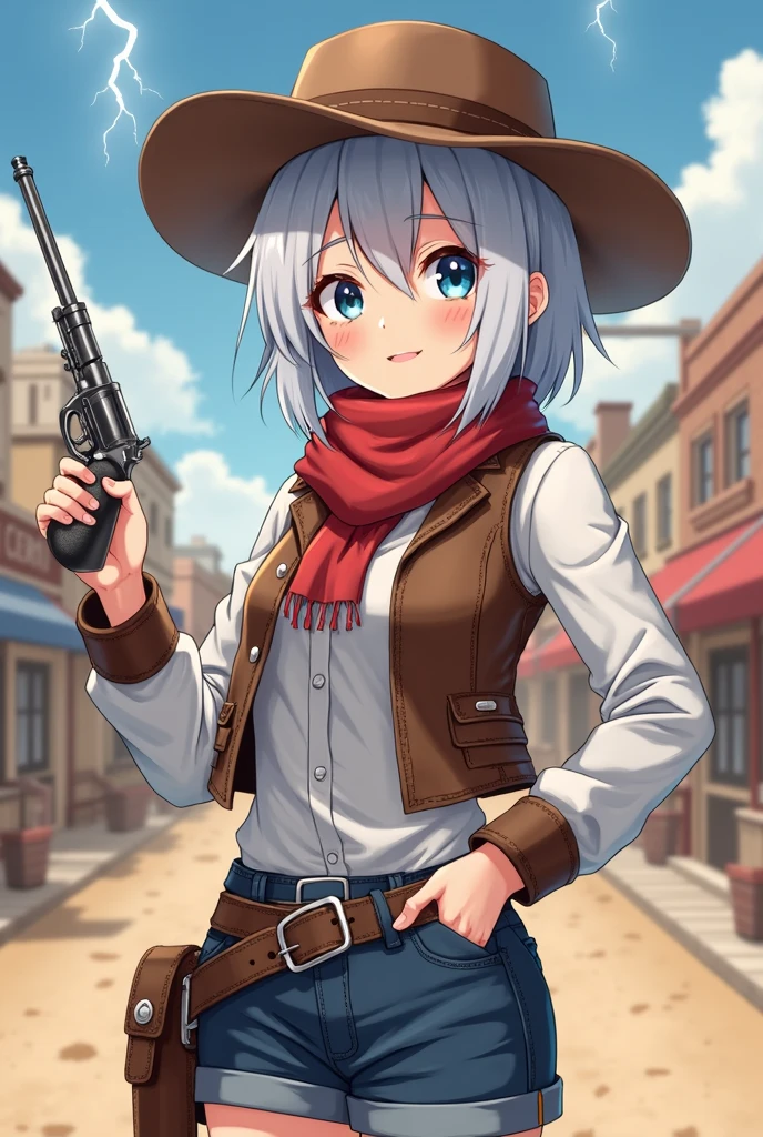 Anime drawing , Young woman, Silver White Hair Girl, , the hair was long to the , Short slit-cut hair, Hair neatly styled, blue eyes, Cute girl, Cool Girl,calm face expresses maturity, Gentle Smile, hourglass shape, Wear a collared shirt with long sleeves., White collar shirt, Brown sleeved leather vest, Cowboy hat worn over collar, cowboy style vest,  Wearing a red scarf , cowboy scarf, blue shorts, brown leather belt, Brown cowboy hat, leather style boots Brown cowboy, right hand holding a revolver, holding a cannon pointed up, Western-style handgun, Silver revolver,Background is street, neighborhood, community area, Western-style city Cowboy era, Sand dust flying all over the image, Lightning Spear,  maximum contrast, Anatomically qualified , masterpiece