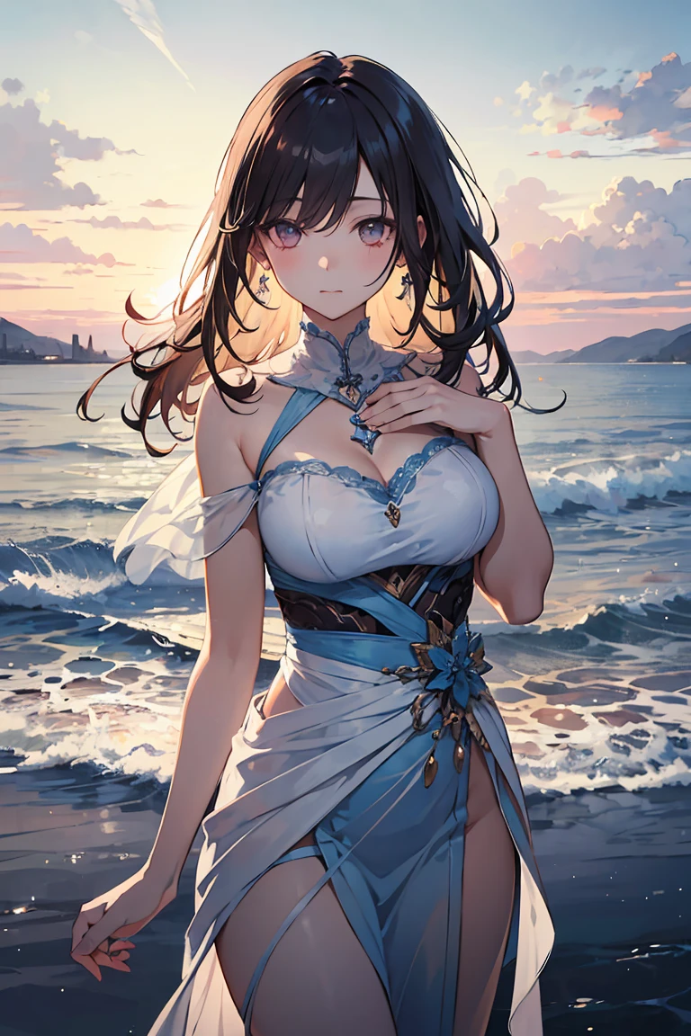 A beautiful sunset over the ocean, soft glowing light, vibrant colors, calm waves crashing on the shore, seagulls flying in the distance, a couple sitting on the beach, holding hands and watching the sunset, sparkling reflections on the water, warm golden tones, a peaceful and serene atmosphere, a breathtaking view. (best quality,4k,8k,highres,masterpiece:1.2),ultra-detailed,(realistic,photorealistic,photo-realistic:1.37),HDR,UHD,studio lighting,ultra-fine painting,sharp focus,physically-based rendering,extreme detail description,professional,vivid colors,bokeh,landscape,photography, Rio Tsukatsuki, Masterpiece,