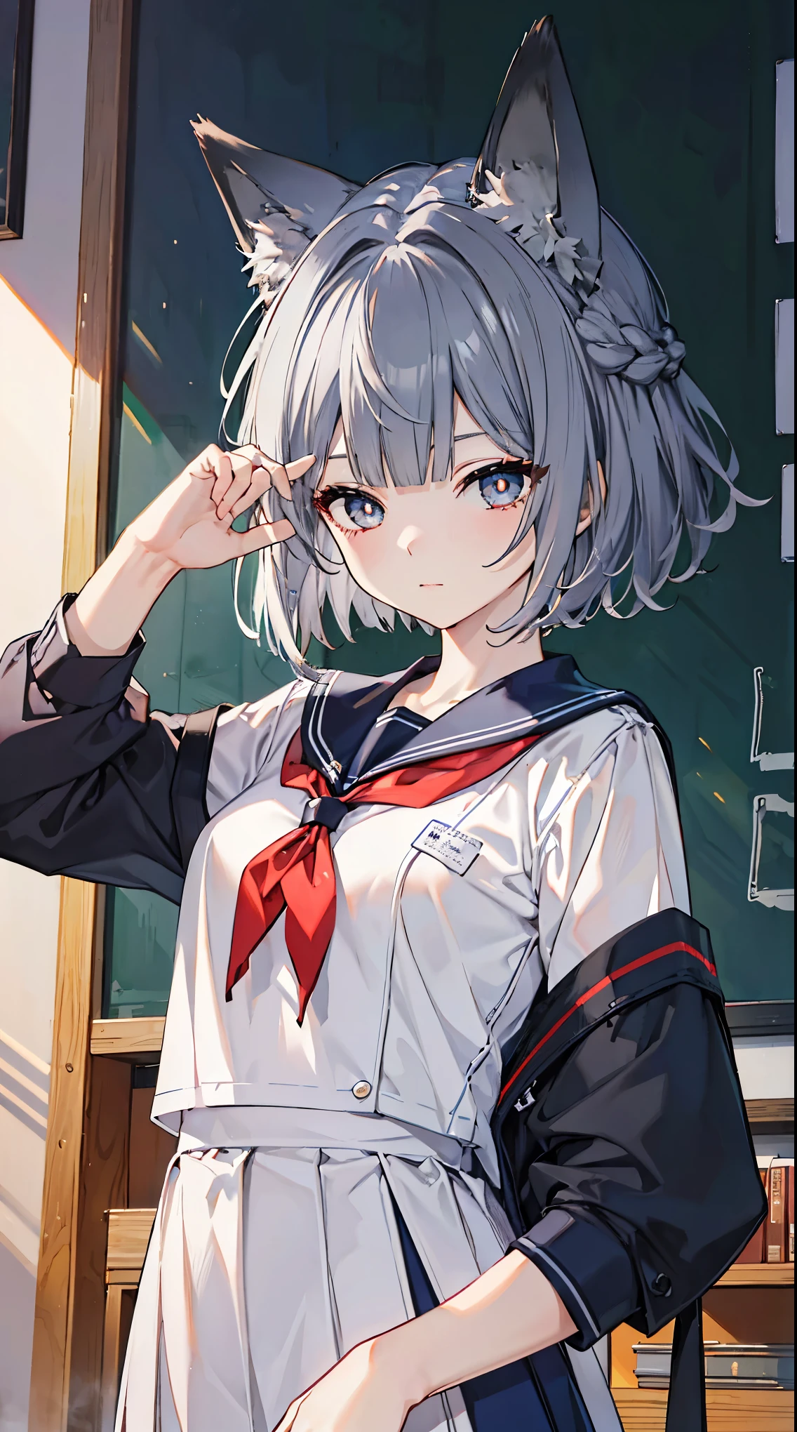 top grade 、、(Whitening skin)、 Silver Hair、very short hair,wolf cut、blue eyes、Petite、slender,sailor suit,school uniform,blackboard,red cheeks,