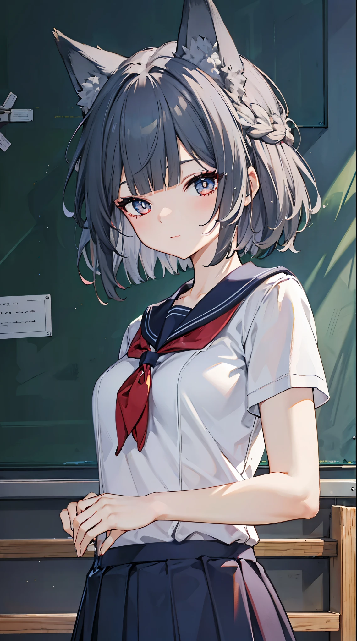 top grade 、、(Whitening skin)、 Silver Hair、very short hair,wolf cut、blue eyes、Petite、slender,sailor suit,school uniform,blackboard,red cheeks,