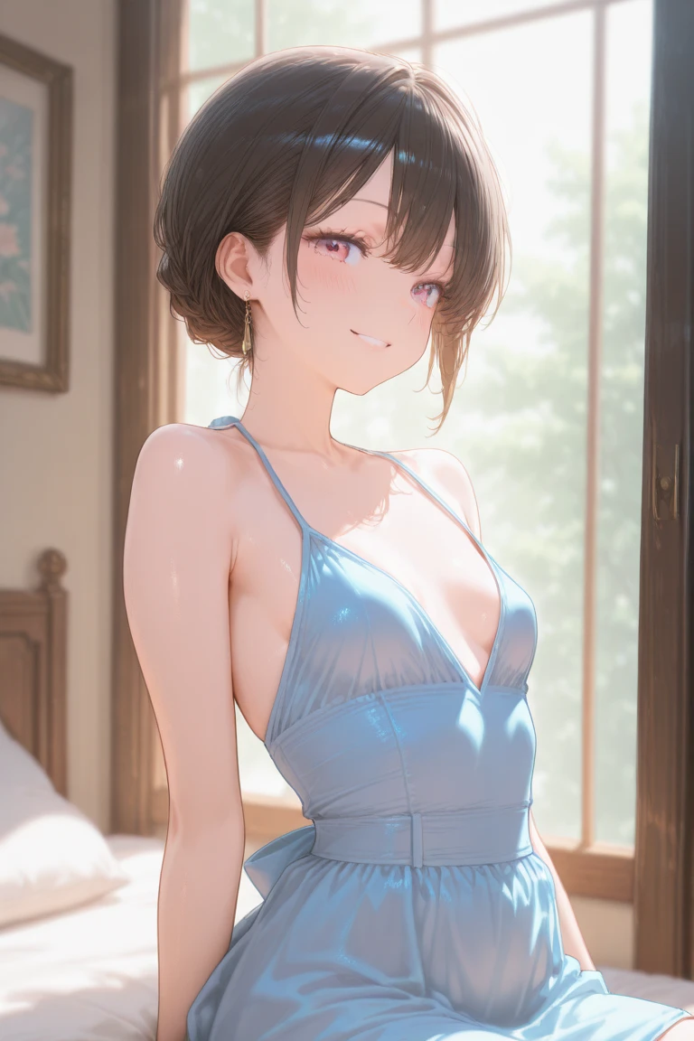 Beautifully detailed short black hair, Beautifully detailed face, Beautiful attention to detail, Beautiful clavicle, Beautiful body, (blue open neck dress), Baby Face, Small breasts, (photoRealistic:1.4), (masterpiece, Side light, Exquisite beautiful eyes: 1.2), masterpiece*Portraiture, Realistic, 3D Face, Glowing Eyes, Shiny Hair, Glowing Skin, alone, Embarrassing, (abdomen), smile, Standing facing forward, Mouth closed, Observe the audience,