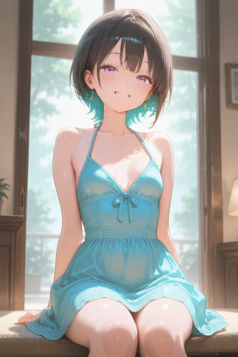 In the style of Makoto Shinkai, Hatsune Miku is sitting at a distance with a big smile showing her front teeth under a clear blue sky. She is wearing a white one-piece dress with bare shoulders.、Minato-ku girls with a mature look
