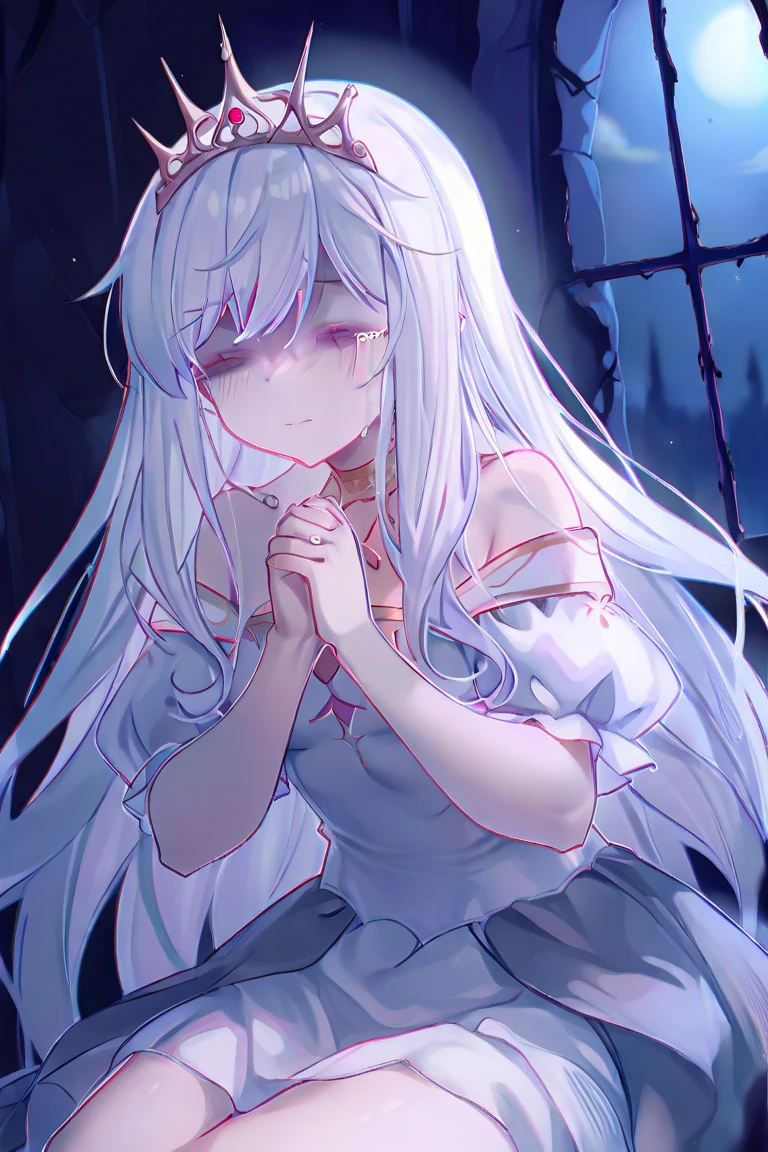 A pale-skinned white-haired girl with gray tones wearing a crown of thorns, from which small drops of blood fall, running across her forehead. Her eyes are completely dark, with an empty expression and a weak smile on her face. She wears a short white dress that reaches her knees. Several silver roses adorn her body, while sharp-thorned roots resemble necklaces, wrapping around her hands and waist. The setting is a ruined church, with cracked walls and broken windows, where light timidly enters. Next to her is an altar holding a cross adorned with several roses. The atmosphere has a melancholic and mysterious air, highlighting the loneliness and the contrast between the girl's beauty and pain.