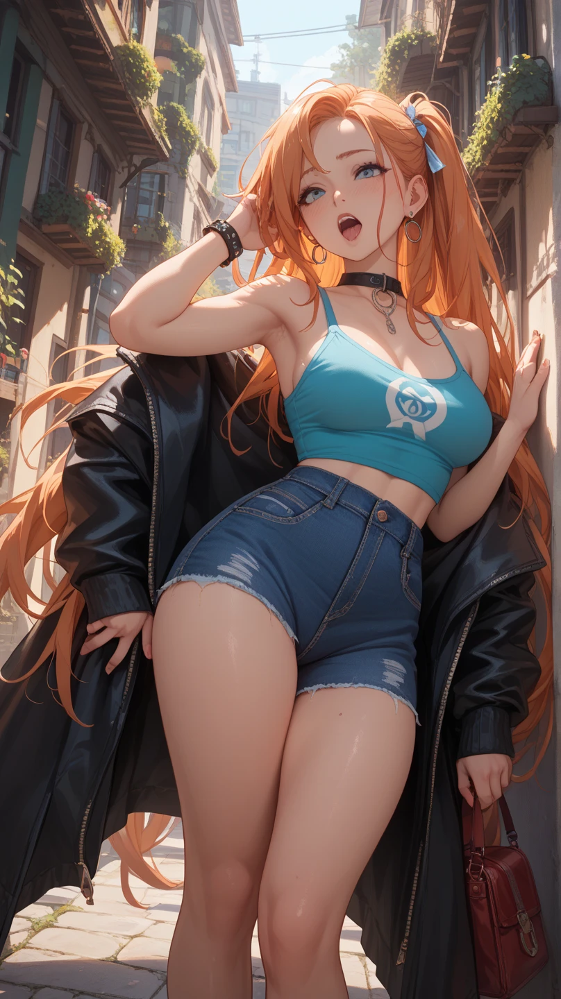 namiOP, one piece, masterpiece, best quality, 1girl, looking at viewer, solo, bikini, blue pants, orange hair, large breasts, gigantic breasts, nami hairstyle, long hairs,