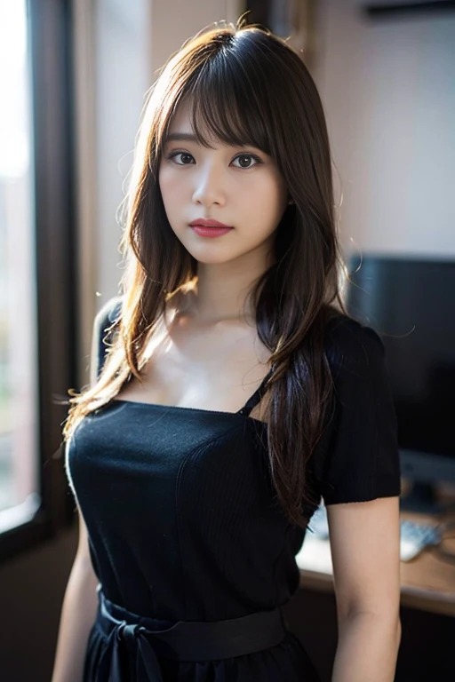 ((1 Young and beautiful girl:1.2)), absurdist, (8K, Raw photography, Best Quality, Masterpiece:1.2), High Definition RAW Color Photography, Professional Photography, Cinematic light, (Fine Face:1.2), (Highest quality:1.2), (Smile:1.2), (View:1.2), ((Cleavage:1.2)), (detailed woman), Taiwanese woman, long black hair, With bangs,1 female in, 28 yo, Beautiful face, big breasts, deep cleavage, embarrassed, pale skin, ((Slim Fit short-shorts, Black tight tank top)), at car repair ship, an auto mechanic,