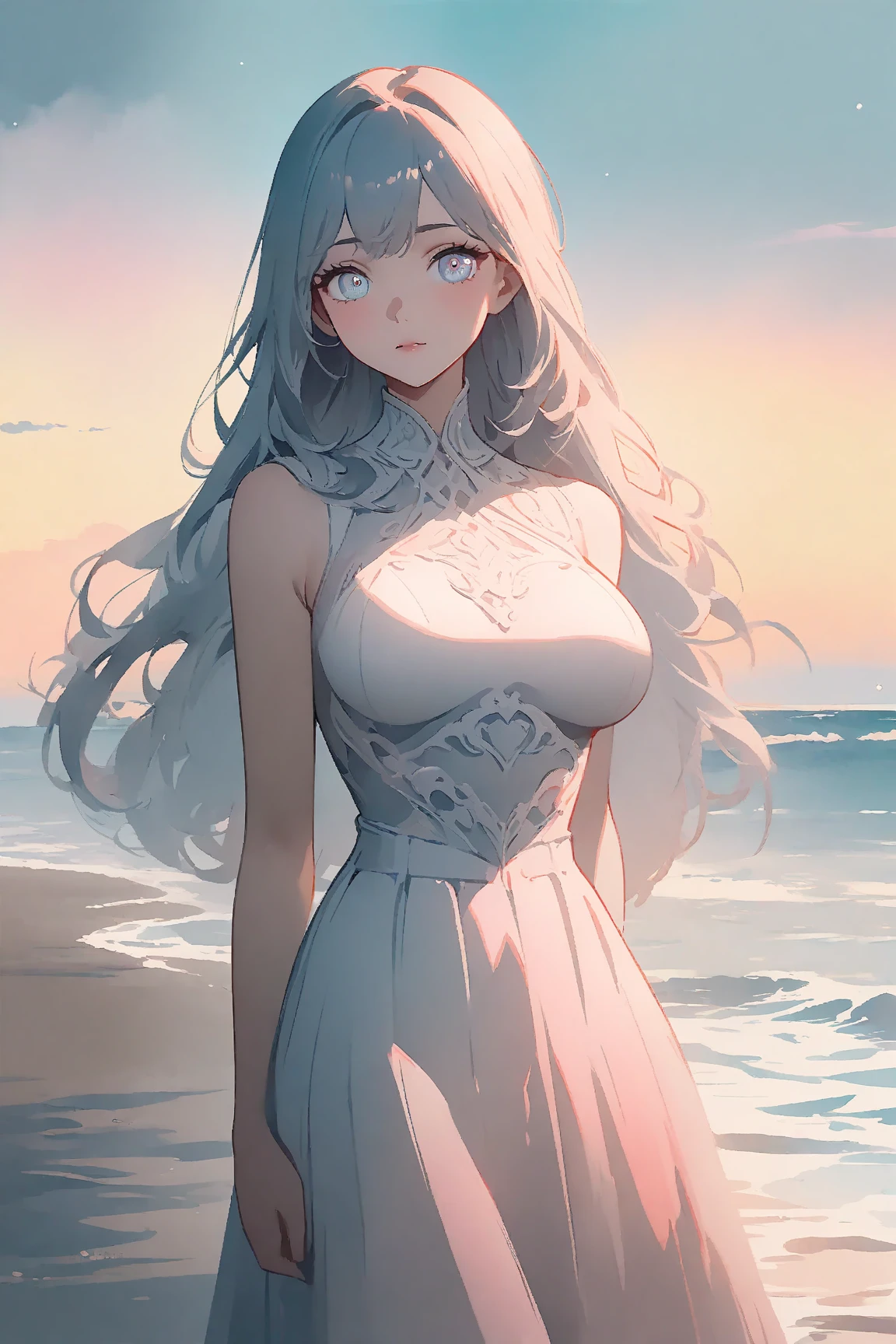 (Masterpiece:1.2, high quality), (pixiv:1.4), (1girl:1.2), (solo:1.2), (smooth:0.8), beautiful woman, (mature), pale white skin, red cheek, blush, (smile:1.2), silver hair, side fringes, bangs, wavy hair, (strand braids), hair clips, hair over eyes, black eyes, (detailed eyes), symmetrical eyes, black eyeshadow, glossy lips, pale pink lips, parted lips, symmetric face, round earrings, (looking away), mole on chin, shoulder straps, plunging neckline, pendant, (blue dress), luxurious dress, slit dress, collarbone, neckline, luxurious, slender arms, (beautiful round breasts:1.2), detailed cleavage, slim waist, professional photography, dynamic pose, bent forward, best quality, (absurdres:1.2), ultra-detailed, HD, 1080, 4k, 8k, intrinsic details, shiny blue sky, aesthetic outdoors, sky background, sea side, bridge, view from below, (pov thighs), wind blowing hair, vivid colors, dynamic lighting, ((detailed face)), blurry background, highly focused face, ((detailed eyes)), ((beautiful eyes)), (symmetrical eyes)