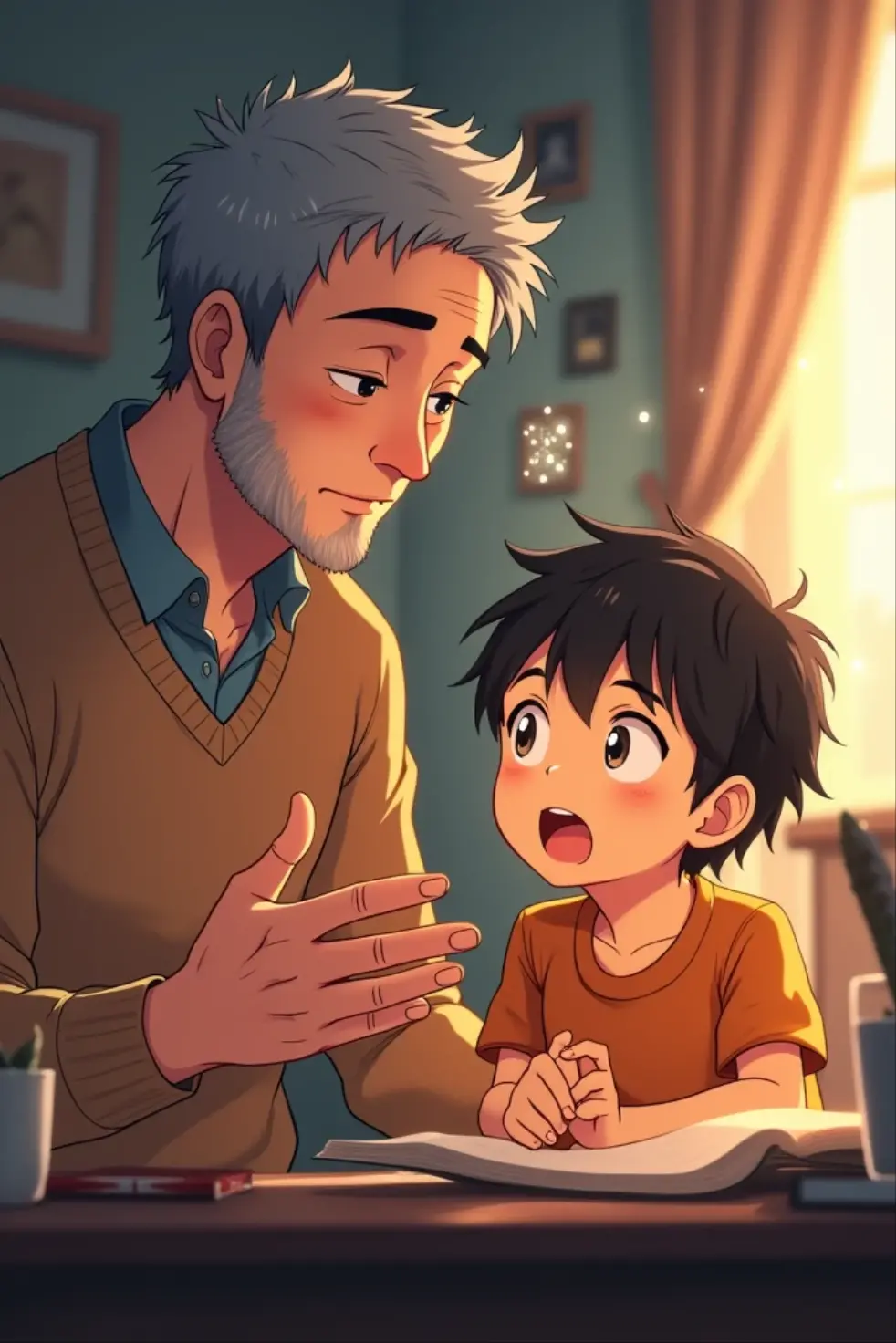 A father explaining something to his son in anime style