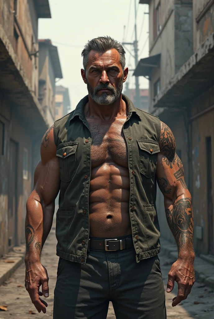 A tall, thin, strong man with scars on his lip,가슴,tummy,pubic hair,arms and etc.. He is an ex-military man and grandfather, not so old and not so young, with an urban look.