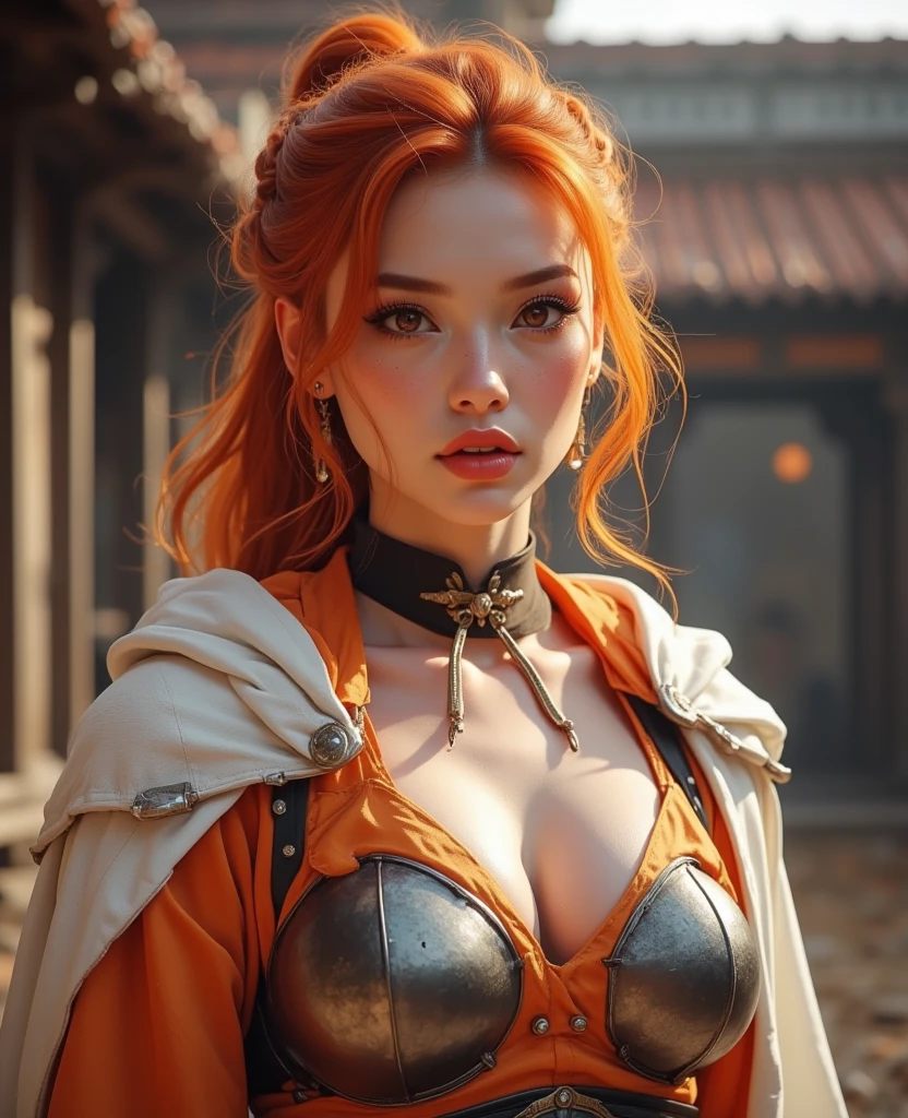(masterpiece), beautiful, (very precise detail), 8k, high resolution, maximum quality, maximum image quality, (bright), medium color pencil, ((dynamic angle)), ((perfect hyper super ultra detailed piece)), (perfect detail:1.1), (masterpiece , 4k ,ultra detailed:1.2), (anime:1.2), (illustration:1.1), ((high resolution)), (High Quality), Amazing Detail:1.25), (Raytracing:1.2), Bloom, Volumetric Lighting, Best Shadows, High Resolution, 8k_wallpaper, Dynamic Light, Cinematic Light, ((dynamic angle)), ((full body)), (((1girl))), ((Sexy princess viking warrior)), (using ax and shield), ((england year of 1406)), (battlefield) (long shot), ((red hair)), (ponytail hair),medium ,(hair braid),blunt bangs, hair scrunchie, blue eyes,(sparkling), (Giant breasts:1.4), (Gothic makeup), (Ultra-detailed and vivid light red big eyes : 1.2), Beautiful Detailed Round Face (Voluptuous: 1.4), big eyes, ((empty eyes)), ((((Bags under eyes)))), (((long eyelashes))), (((eyeliner))), (((dark eyeshadow))), Skin dentation(Curvy:1.4), (Bimbo: 1.4, (delicate body) , ((sexy revealing viking armor), war cry, blushing, show whole body, ((shade)), (seductive:1.4), (sexy:1.6), (beautiful:1.2), (attractive:1.2), (detailed background, fine background), (warriors fighting with swords), morning sky, dawn time, warm light, perfect anatomy