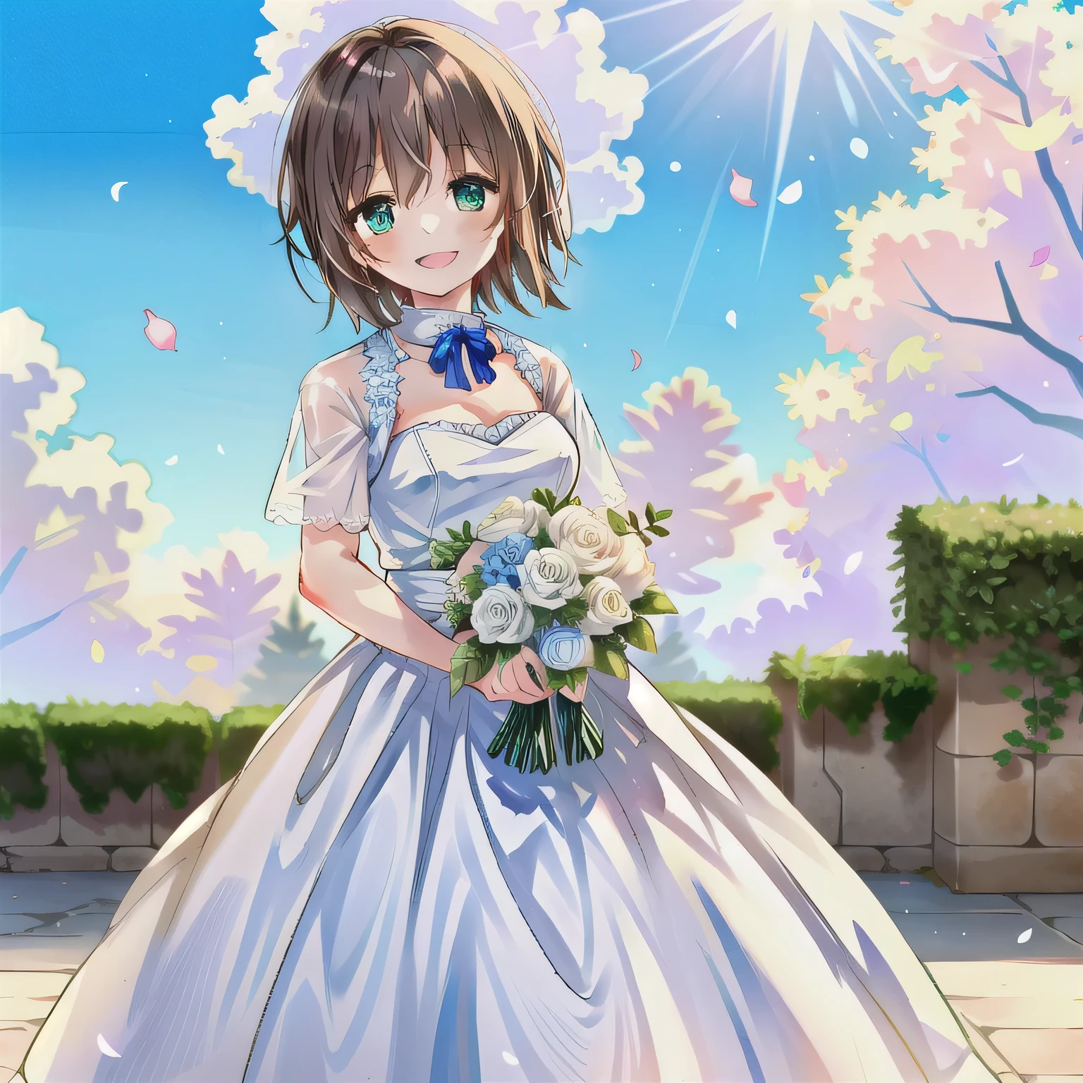 A breathtakingly beautiful 20-year-old woman stands in the courtyard of a luxurious mansion beneath a clear blue sky. She wears a white and blue wedding dress, holding a red bouquet gracefully in front of her chest. Her radiant smile and joyful expression exude pure happiness. Short hair, brown hair, green eyes.