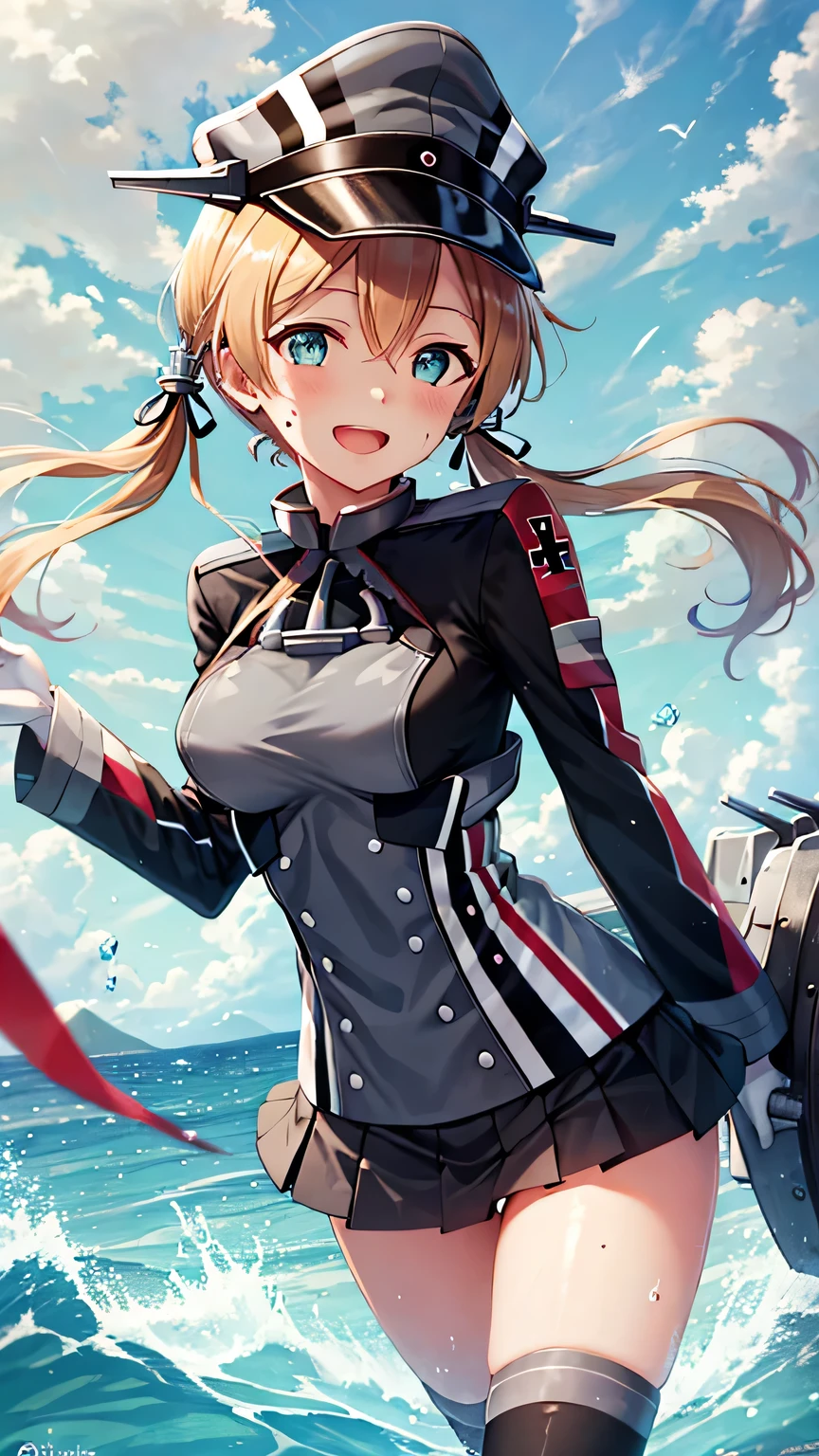 {{{masterpiece}}}, (best quality:1.5), (ultra-detailed:1.5), {illustration}, {{an extremely delicate and beautiful}}, (beautiful detailed eyes:1.6), absurdres, highres, extremely detailed face, 16k, hd, visual anime de uma jovem mulher, extremamente bonito rosto de anime, anime melhor garota, (perfect hands, perfect anatomy), anime face, prinz eugen(Kantai Collection), prinz_eugen_kantaicollection, 1girl, solo, cute face, blonde hair, long hair, twintails, low twintails, hair ornament, anchor hair ornament, flushed cheeks, aqua eyes, medium breasts, big hips, curvaceous, BREAK, peaked cap, hat ornament, military uniform, two-tone uniform, black uniform, grey double-breasted, iron cross brassards, long sleeves, white gloves, black skirt, pleated skirt, miniskirt, black kneehighs, gray boots, BREAK, rigging, turret, gun, machinery, canon, BREAK, Running on the sea, looking at viewer, outdoor, daytime, standing, blue sky, ocean, At sea, haifeisi, ready for battle, serious, smiling, open mouth, flushed cheeks, Dutch angle, erect nipples, cameltoe, Super shiny hair and skin, (Sweaty body, Dynamism), cowboy shot