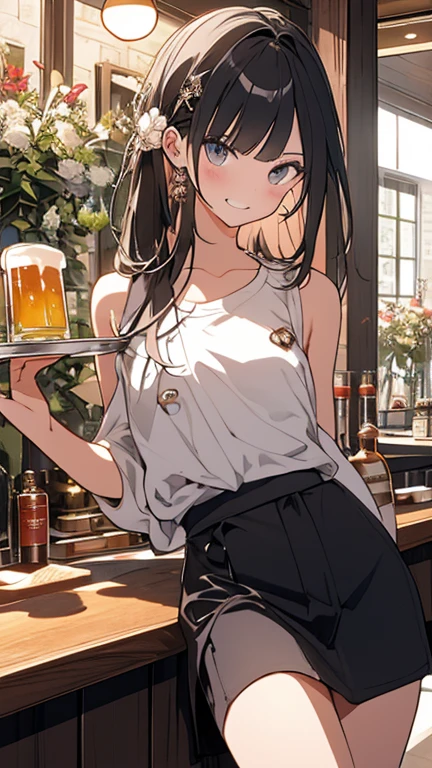 (from below:1.2), (perky chest:1.2), (pointed chest:1.2), 1girl, Bust A Cup, Amazing Cleavage:1.1, thin waist, big ass, Raised cute, small breast: 1.1 posed cleavage:1.2、solo, looking at viewer, have a cute glass of cute beer glass,black hair, dark green eyes, dress, bare shoulders, jewelry, collarbone, side locks, hairband, earrings, indoors, off shoulder, arms behind back, plants, short hair with long locks, gild hairband, off-shoulder dress, sweater dress, off-shoulder sweater, red sweater, dark gold hair, big side hair, very long side hair,is rendered in (masterpiece: 1.2, best quality), with (ultra high resolution) and an exquisite (depth of field). This masterpiece is not only visually stunning but also tells,A scene of cooking in the kitchen 