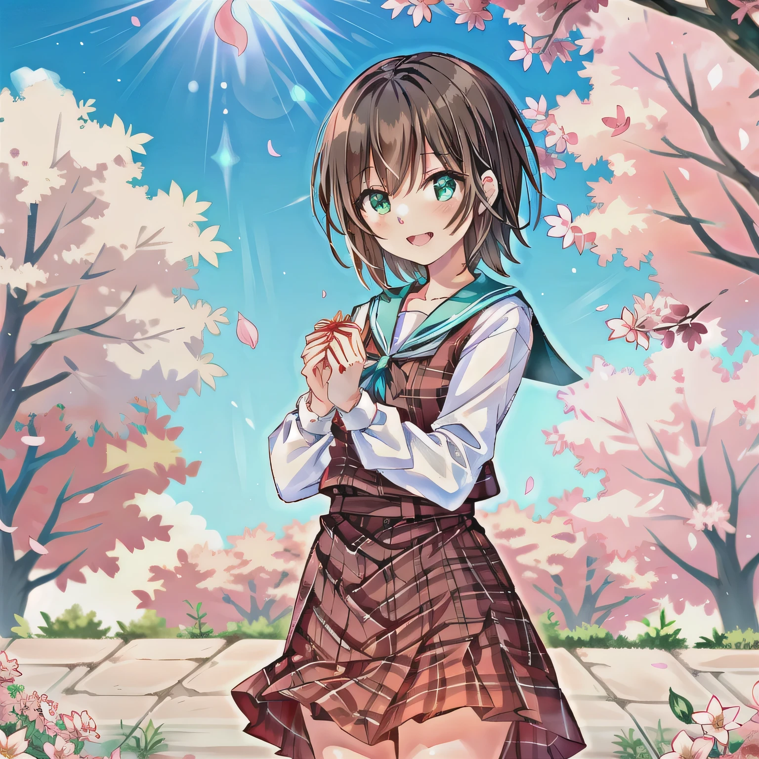 A breathtakingly beautiful 20-year-old woman stands in a lush park filled with cherry blossoms in full bloom beneath a clear blue sky. She wears a classic sailor uniform and gently holds a small, neatly wrapped gift box adorned with a red ribbon. Her radiant smile and joyful expression convey heartfelt happiness. Short hair, brown hair, green eyes.