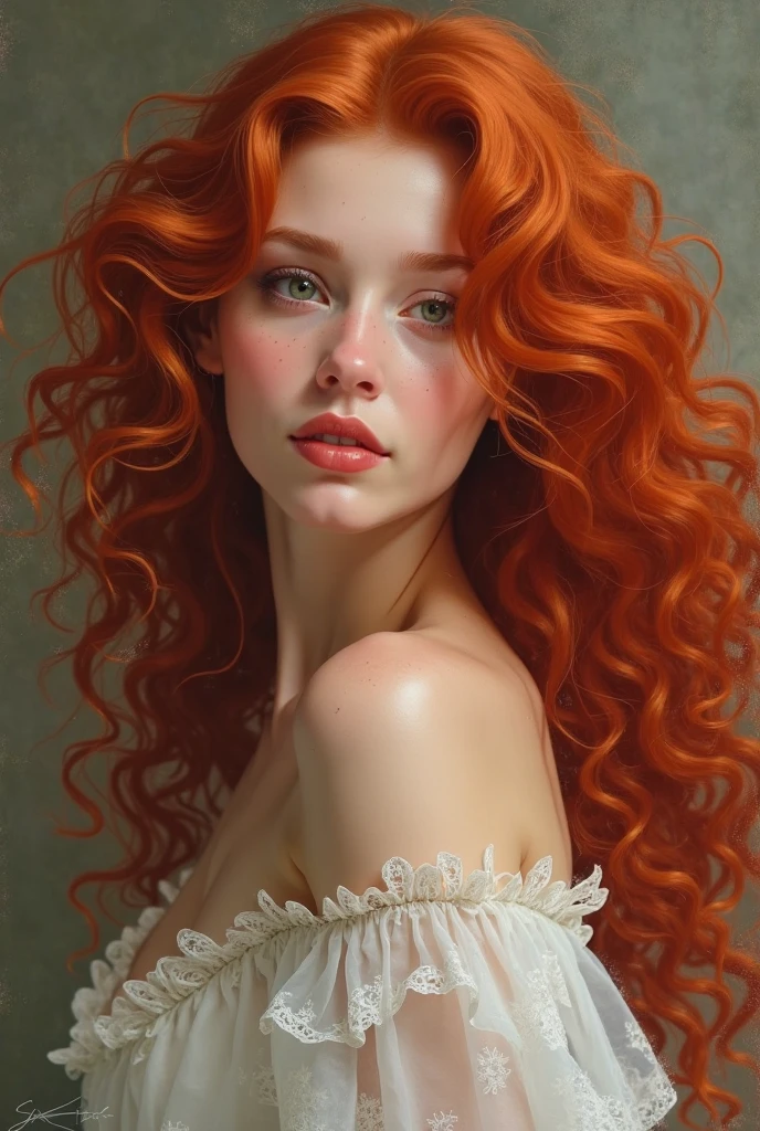 (((long fluffy curly red hair))) face portrait of An extremely Beautiful young Woman, pale skin, blue eyes, freckle,  gritty sharp focus, intricate, watercolor, long red hair, long hair, , short athletic legs, big ass, full body 