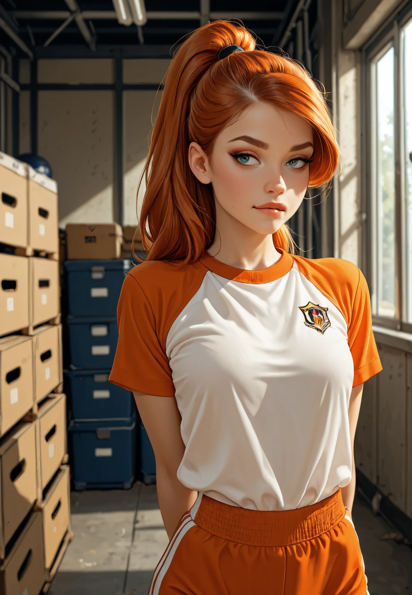 Kim Possible, school gym outfit cosplay, storage room, biting lip, detailing face, detailing body, alluring, takes off clothes, cinematic lighting, masterpiece, HDR, top quality, warm color, high resolution, high fashion, absurdres extremely, vivid colors, intricate details, best quality, amazing quality, very aesthetic, newest, ultra-detailed, nsfw