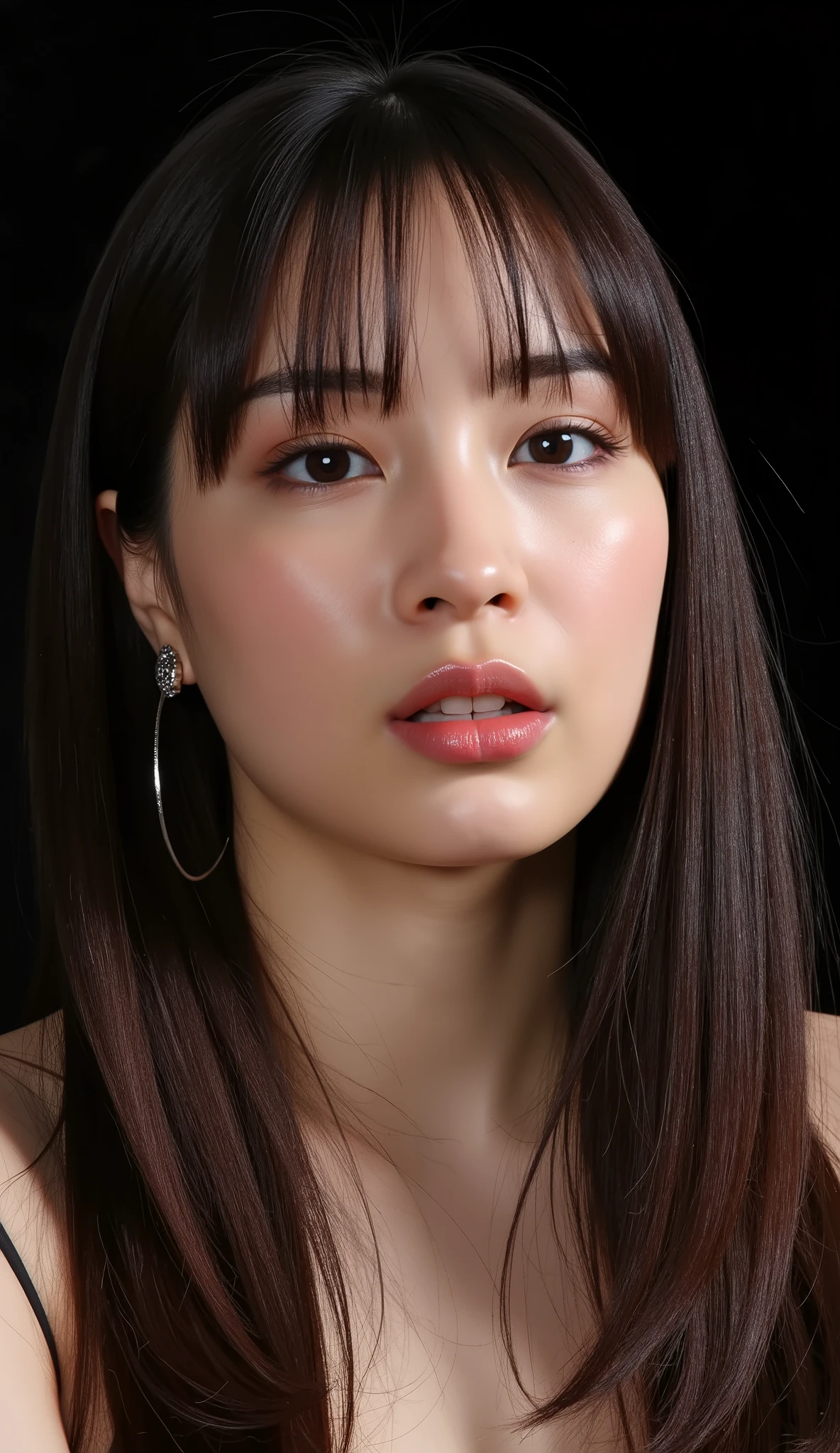 one beautiful woman、 masterpiece, accurate, nsfw, Super Detail, advanced details, high quality, Award-winning, best quality, 16k, perfect anatomy, (( front view, upper body)), Ultra High Resolution Hair , brown hair, long hair, detailed face, realistic textured skin, focus on the face, flabby lips, , ( nudes:1.3), black background, (((A seductive look、A seductive look、A seductive look、 the climax of ecstasy 、 the climax of ecstasy 、 the climax of ecstasy ))), (full body:1.3)