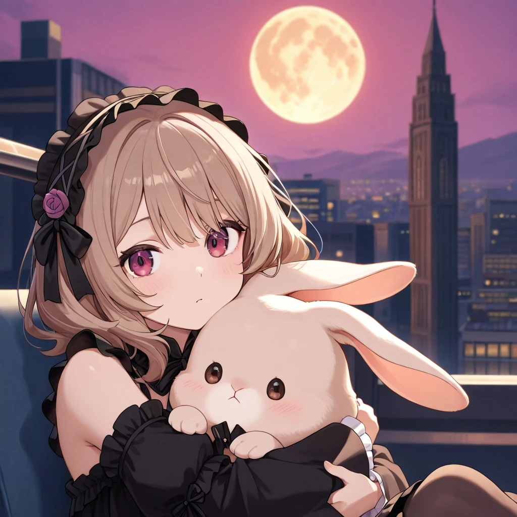 masterpiece, best quality, very aesthetic, absurdres, 1girl, mature_lady, hug 2 big white rabbits,upper body,,maple(bofuri),bofuri, 1girl, medium hair, ahoge, purple eyes, hair ornament, black dress, mini-skirt,cityscape, leaf, moon, night, night_sky, outdoors, sky, skyscraper,,blur background,background defocus
