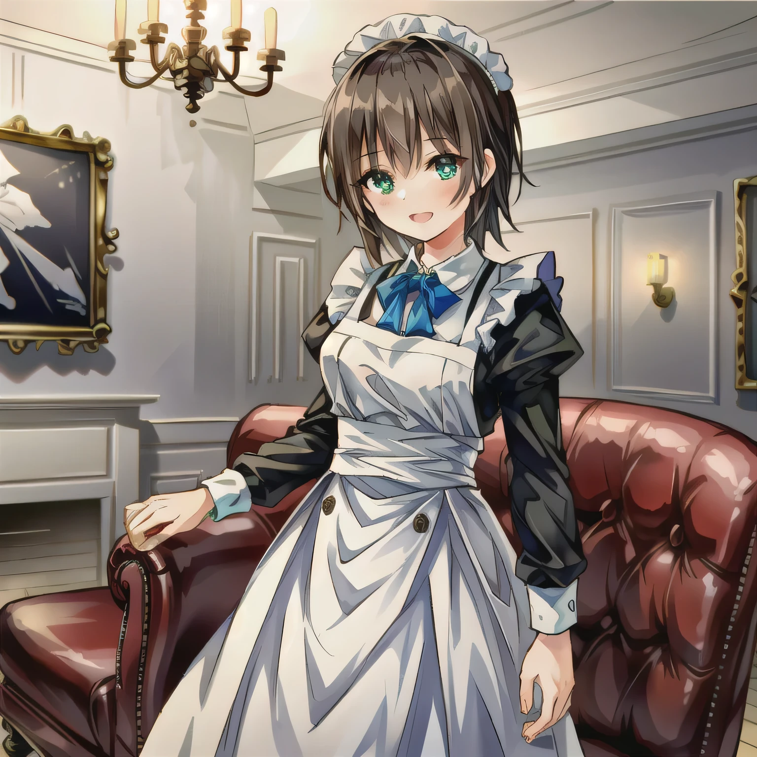 A breathtakingly beautiful 20-year-old woman stands in an opulent mansion room, dressed in a classic black-and-white maid outfit with a short hem and a white brim cap. Her confident smile radiates warmth. The room features elegant furnishings and decor befitting a grand estate, bathed in soft, natural lighting that enhances the sophisticated ambiance. Short hair, brown hair, green eyes.