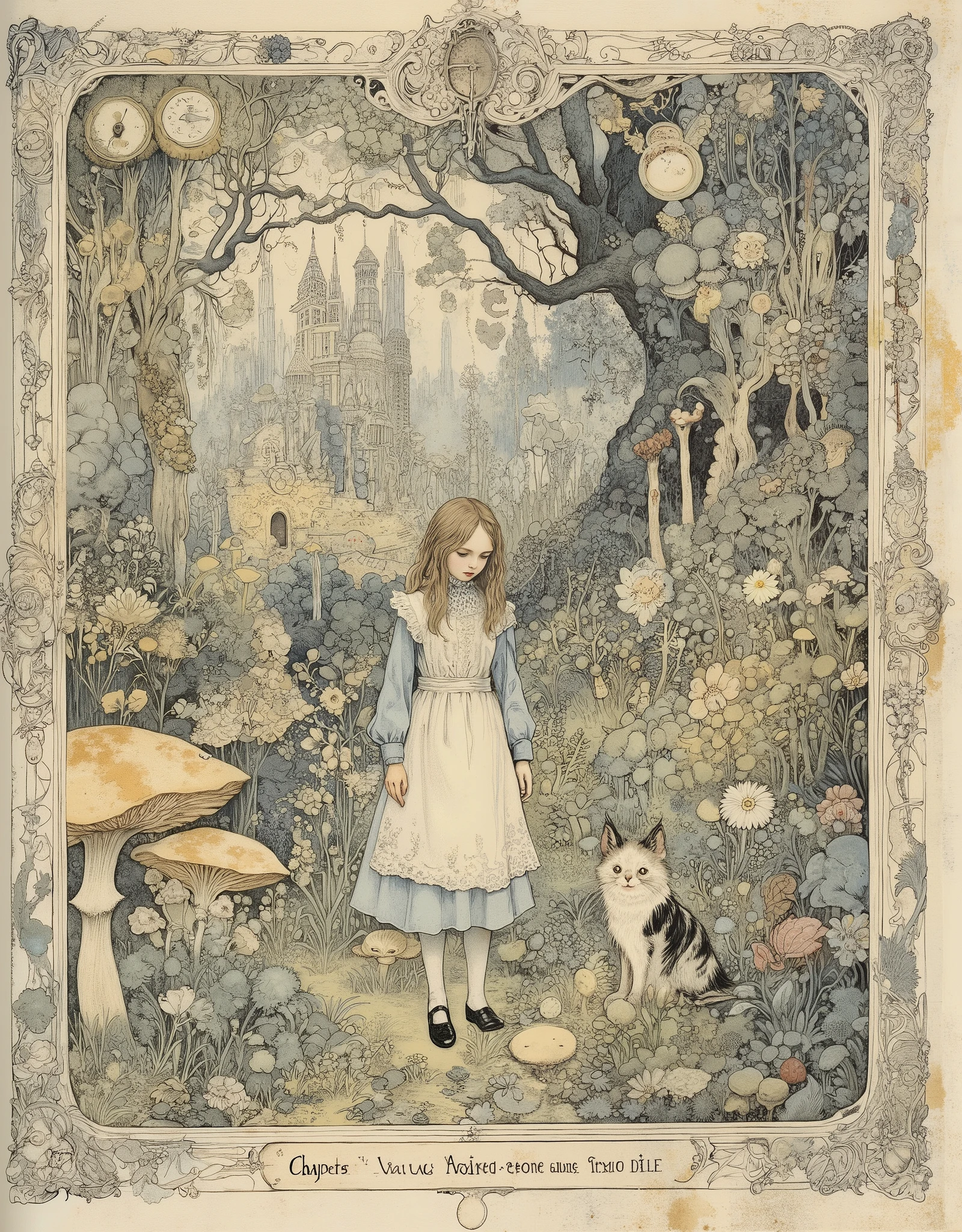 An old Victorian-style illustration, reminiscent of an engraving from a ren's book of the 19th century. Alice (a sweet girl in a blue silk dress with a lace apron and black patent leather shoes) stands in an overgrown magical garden among giant mushrooms and talking flowers. Next to it is a Cheshire Cat, grinning and half—disappearing into thin air, leaving only a striped tail and a wide grin. The background is a bizarre forest with twisted trees that have faces and clocks growing on branches instead of fruits. In the distance, you can see a crazy Tea bank with a March Hare and a Hatter.
Style: fine pen graphics with a light watercolor touch-up, in the spirit of vintage illustrations. Black and white base with soft grey-blue and pastel tones. Careful hatching, vignettes, scuffs and a slight yellowness, like an old page. Details: patterned frames, curlicues in the corners, the inscription in old–fashioned font: "Chapter V - Advice from a Caterpillar". The mood is mysterious, slightly surreal, but charming, like in a fairy tale with a hint of mystery.Victorian etching, cross-hatching, subtle watercolor wash.Sepia tones, muted blues, creamy whites. Fine linework, aged paper texture, whimsical marginalia.