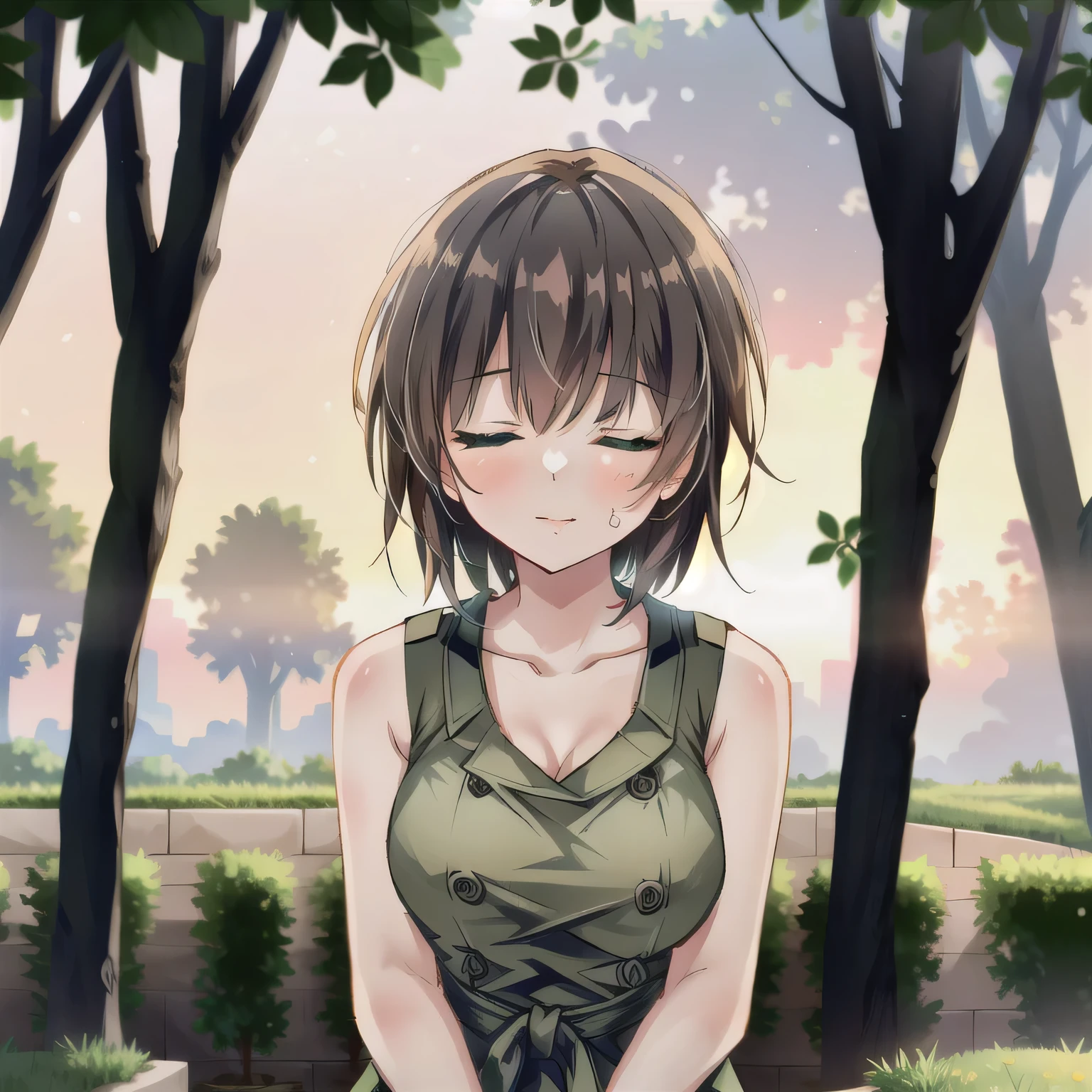 A breathtakingly beautiful 20-year-old woman stands in a lush green park at sunset, bathed in the warm golden light of the evening sun. Facing forward, her eyes gently closed, cheeks slightly flushed, and her face tilted upward as if anticipating a kiss, she embodies serenity and romance. The soft hues of the sunset complement the tranquil surroundings, enriching the dreamy atmosphere. Short hair, brown hair, green eyes.