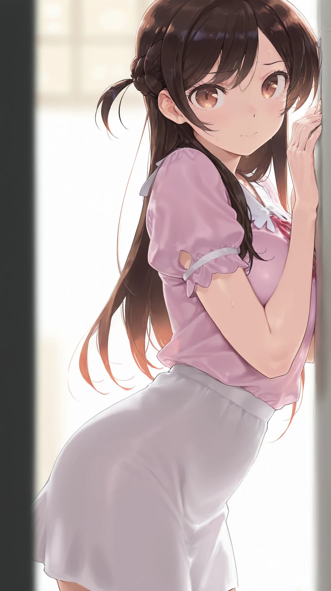 1girl, solo, masterpiece, best quality, amazing quality,looking at viewer, mizuhara chizuru, brown eyes, long hair, one side up, long hair, braid, skirt, shirt, short sleeves, puffy sleeves, puffy short sleeves, white skirt, pink shirt