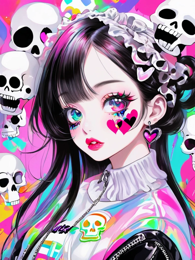 Ultra-realism Micho colorful style, Simple Line Initialism,Abstract art,(((The most beautiful girl of all time))), Sweet face. Lips in love, colorful hearts, stylish design, Skull fashion, Dark Eyes, Graffiti on the wall