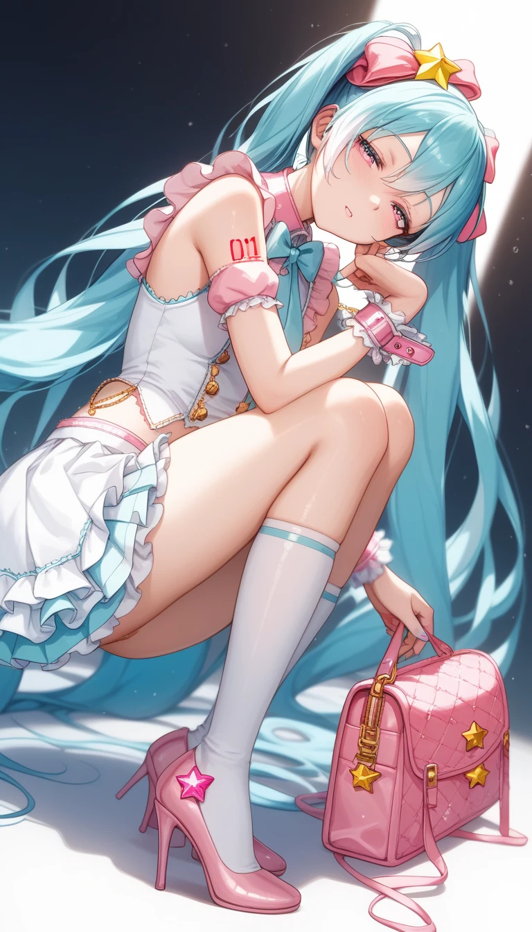 Hatsune Miku, beautiful 18 year old girl, masterpiece, Best Quality, 8K animation, Detailed fingers, Precise fingers, Not unnatural hands, illustration, 1 girl, Alone, short pink bob, Golden crown, flower fur ornament, droopy eyes, Red mini skirt, camel toe, huge tits, giant tits