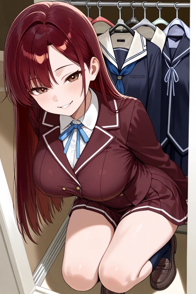 best quality, 8k, sharp focus, depth of field, best shadows, perfect lights, HDR, realistic skin texture, detailed, hyper detailed background, solo, 1 woman, Yuna crawford, pink hair, ponytail shorts and messy bangs, green eyes, small boobs, wearing a sexy lewd blue college dress, showing off her pink panties, shoulders showing, at a military school, anime style inspired by trails of cold steel IV, lewd, Ecchi, blushing, showing her pink panties in classroom