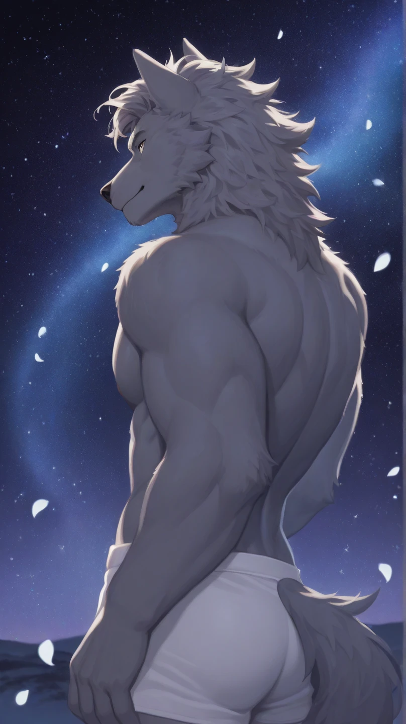 PRO competitive bodybuilder, nj5furry, (Albino Leomon, massive, huge, muscular, Gigachad), (((((WHITE THONG))))) (((((WHITE FUR, WHITE HAIR, WHITE MANE, WHITE SKIN))))) Albino Leomon, ((extremely realistic shadows, masterpiece, extremely detailed, photorealistic)), kemono, looking at the viewer, ((FRONT)), kind smile, kind expression, Albino Leomon, ((detailed face)) nose, Blue eyes, ((detailed eyes)), albino skin, albino fur, albino hair, albino mane, skin, fur, height 3 meters high, the optimal height, tight clothing, 300 kg, body full of huge muscles; muscle and bulge pecs, ripped abs, V-shaped body, thick waist, long legs, strong arms manly, handsome face, attractive cool calm face type with a kindsmile, topless. Misty forest, night, moon, moon rays, stars, nebula; bulge in the crotch, wears a small white string thong that reveals huge, muscular thighs, (((she wears a very tight little white string thong))), bulging biceps. A muscular bodybuilder in the making. A potential PRO competitive bodybuilder and bulging neck. ((Almost naked)) (((BACK))) huge muscular thighs firm, round buttocks and round butt in with his back.