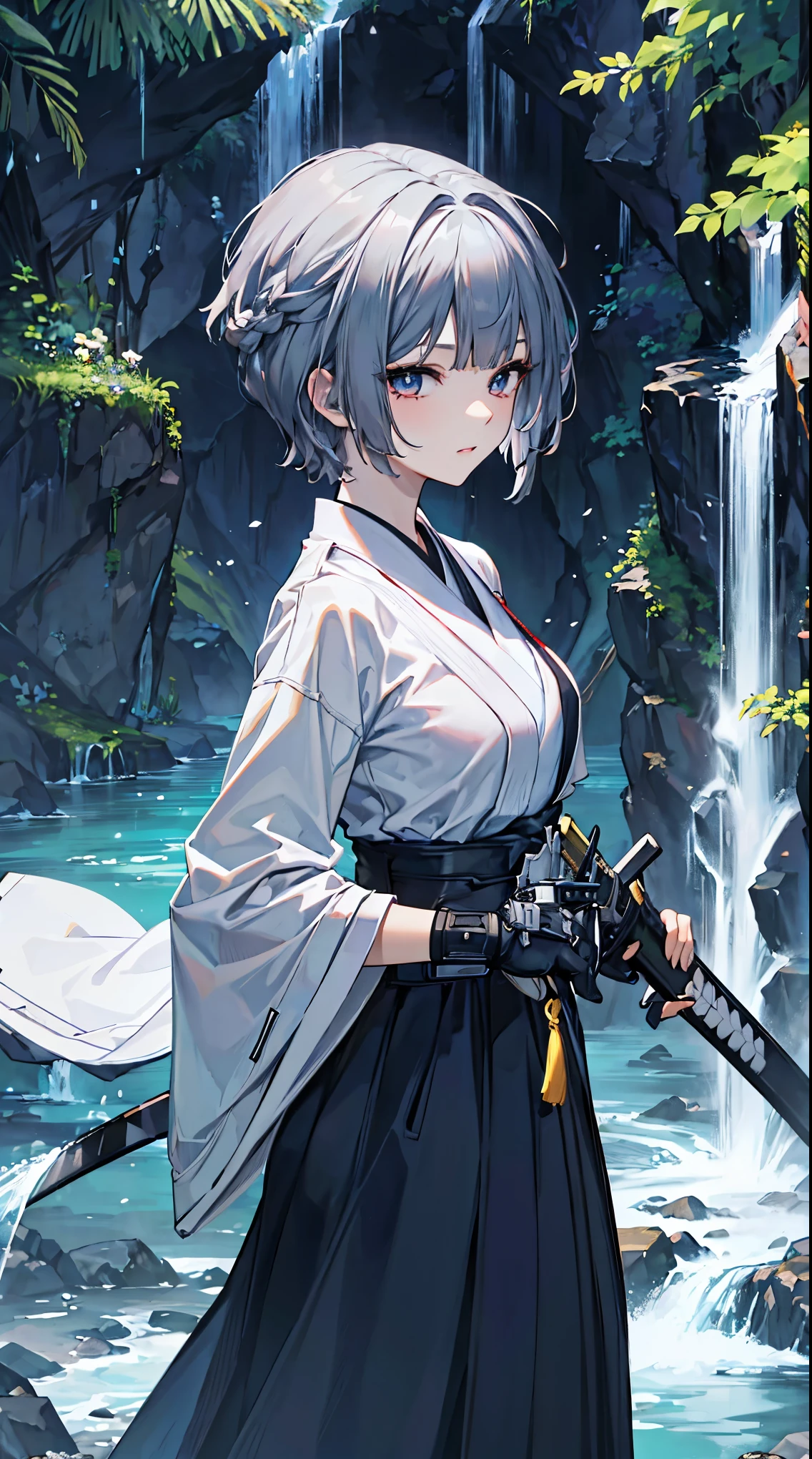 top grade 、、(Whitening skin)、 Silver Hair、very short hair,blue eyes、Petite、slender,object,Hakama,waterfall,red cheeks,During combat,samurai,swordsman