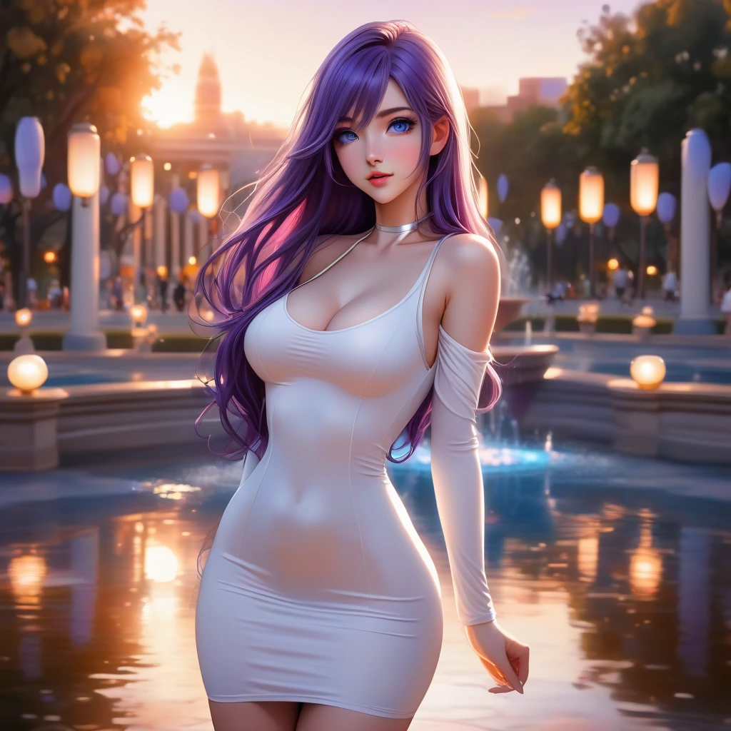 Southern woman，Purple colored hair,big breasts beautiful，Raised sexy，Purple eye，Long legs that are straightened，beautiful bare feet，gigantic cleavage breasts,Clothing with transparent tulle，Photorealsitic，exteriors,parks,lawns,fresh flowers.