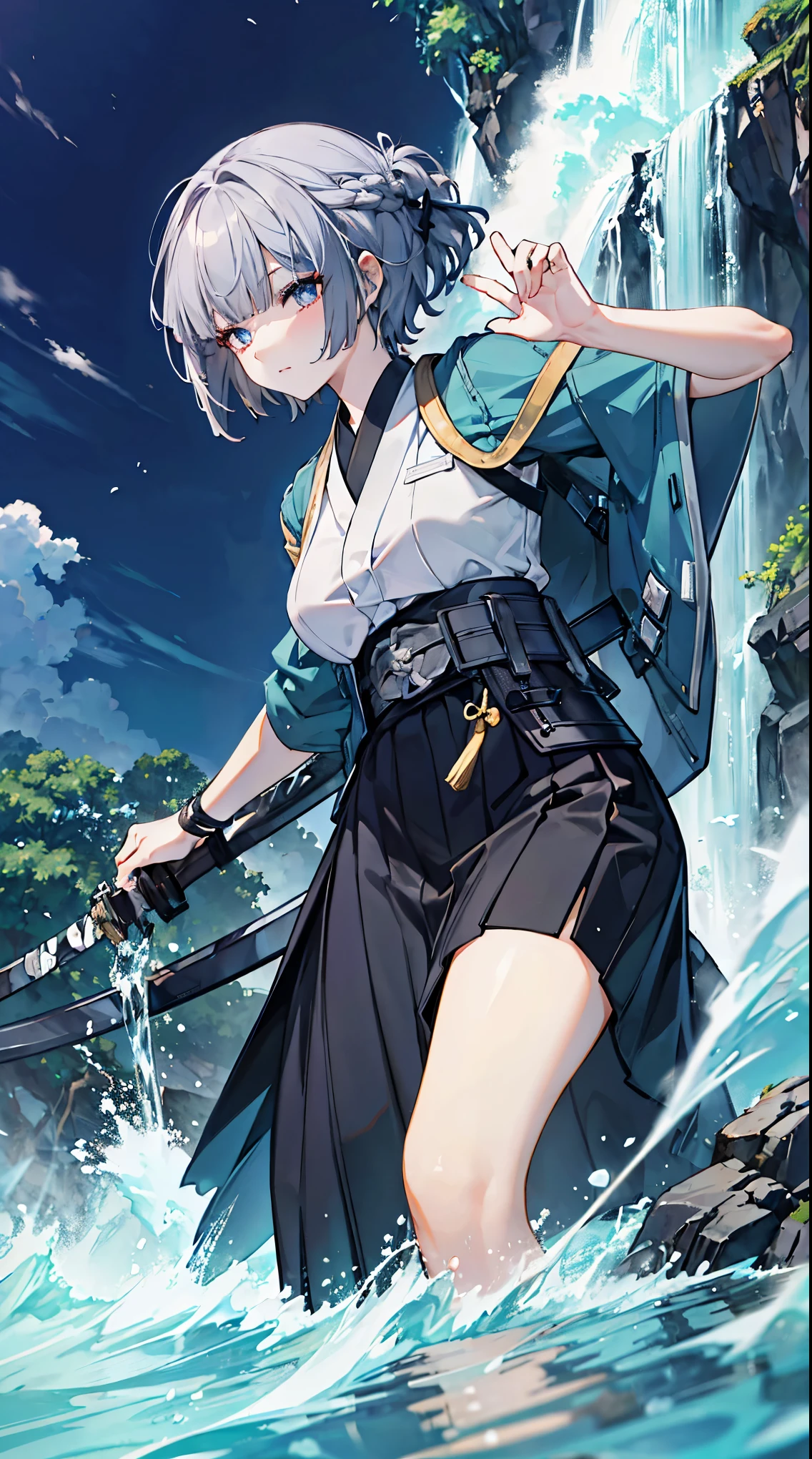 top grade 、、(Whitening skin)、 Silver Hair、very short hair,blue eyes、Petite、slender,object,Hakama,waterfall,red cheeks,During combat,samurai,swordsman