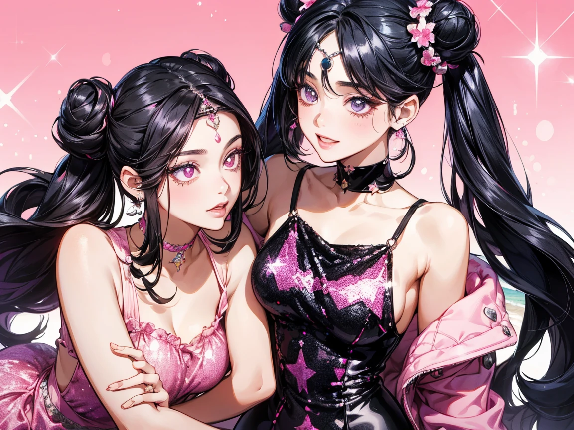 An exquisite masterpiece in the highest quality and high resolution featuring Marnie. Big sleepy eyes, Aqua Eye、Shining in dim light. Black Hair, too much hair, Voluminous Hair, Messy Hair, Half bangs, bangs, Just head and shoulders, Magazine Style, Pink tops, Russian women, Adult female, Looking at the audience, front, Surreal.