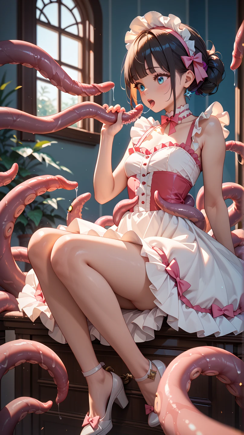 (((SFW、sound、Highest quality、first class、masterpiece、Normal body、8k、Detailed face、Ultra-precision、Normal hand、通常のrefer to、5refer to、Highest)))、beautiful girl、Silver Hair、Odd Eye((Emerald、brown))、Shortcuts、Bobcut、High leg leotard、Colorful frill mini skirt、Bright ribbon on the right side of the head、Frill ribbon on chest、Large frill ribbon on the back、Shirai Hinako - Blue Reflection、Transform、Magical girl、blush、Inject an aphrodisiac、Estrus、Scared、Feeling embarrassed、Open your mouth、Tentacle Collar、Bondage、Bind with tentacles、Restrained by tentacles、Tentacles spread and bind her arms、Tentacles spread and bind legs、触手Bondage、Crucifixion、Giant tentacles、Tentacle Monster、Tentacle restraint、Tentacles entangled all over the body、tentacles entangled in the chest、Tentacles entangled in the crotch、Tentacles entering the mouth、触手にCrucifixionにされる、Heart Eyes、Watery eye、Infatuated、Ahegao、Pleasure Fall、pleasure、The costume is torn、Her clothes were ripped apart by the tentacles、The Pleasure of Tentacles、Captive of the Tentacles