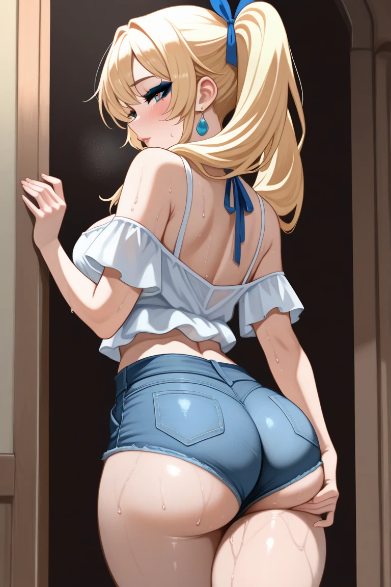 (masterpiece, best quality, high definition), (Anna Tanaka), blonde schoolgirl in tank top and mini skirt, white ultra-thin panties, one girl, nsfw, from below, looking down at me, sweaty, back view