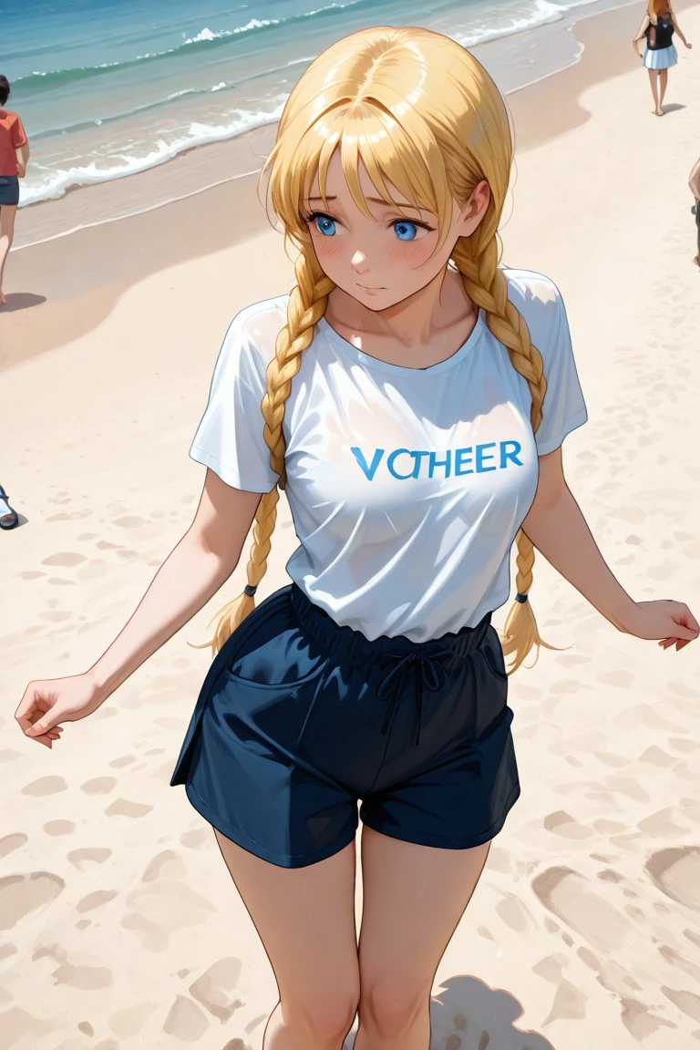 masterpiece, best quality, <lora:EPfeJade-06:0.7>, EPfeJade, blonde hair, very long hair, huge breasts, ponytail, glitch, beach, ocean, waves, island, day, pray hand on hip, silver t-shirt, layered skirt, animal ears, cat ears, wavy mouth