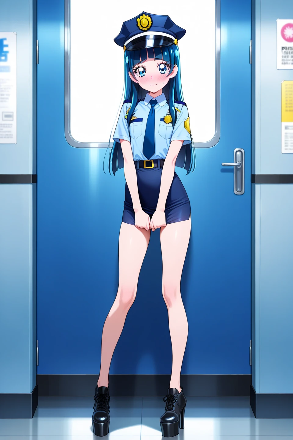 1990s anime, Private public toilet, Open Door, There is a woman standing in front of a Western-style toilet, Beautiful anime girl standing, 14years, Ryuzaki Umi, straight haired, blue hairs, Straight-cropped bangs, Light blue blazer, white shirt, huge udder, long drooping udder, a blue skirt, Black tights, Black Coin Loafers, Rear view, Looks Back, Blue eyes, shame, a smile, Skirt rolled up, The edge of the white shirt protruding from the skirt, Naked butt, White panties slid down, Realistic Schoolgirl, Surreal Junior High School Girl, a hyperrealistic schoolgirl, Niō Standing, Bottom Angle, Ecchi