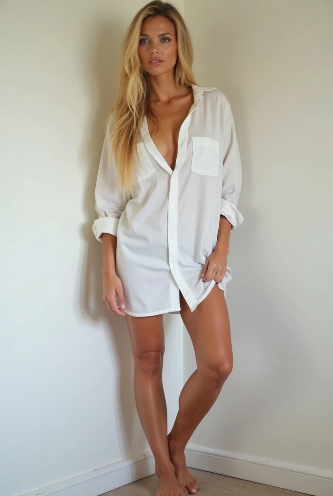 Woman blonde , perfect appearance , incredibly beautiful , Dressed in home clothes on the background of the house and lawn