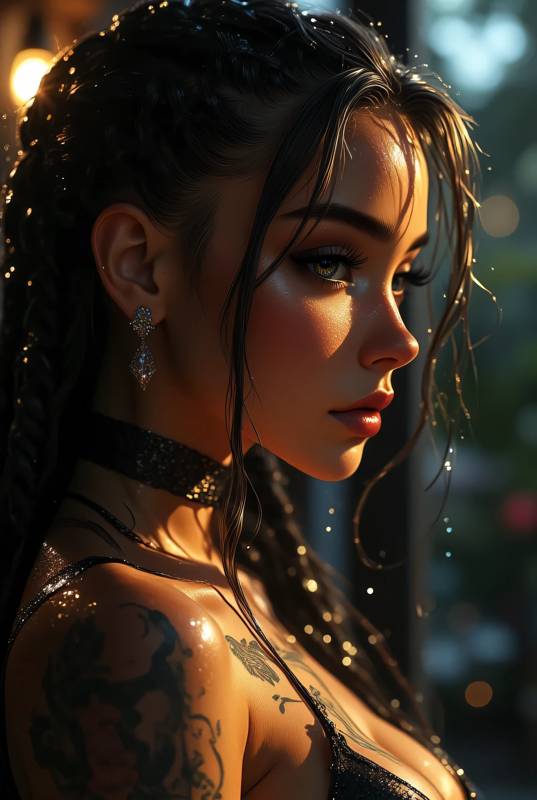 Score_9, score_8_up, score_7_up, ((highest quality)), ((masterpiece)), (be familiar with), Perfect Face, (High definition), (Best Shadow), 8k, cinematic, (Realistic:1.4),dramatic. Comic sex art. intricate tattoos, long braided hair, shaved sides, geometric earrings, front profile pose, outdoor rainy setting, water droplets, dim lighting, warm, dramatic atmosphere, high contrast, side view, strong highlights and shadows