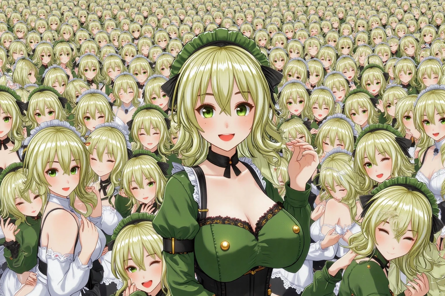 (((Myself=Japanese Beautiful Super Clones multiply girls))), (((((Myself OnlyのSuper Clones multiply girlsが大量増殖して超大群衆のMyself OnlyのSuper Clones multiply girlsと熱愛や溺愛してラブ抱擁した描写, Myself OnlyのSuper Clones multiply girlsはMyself OnlyのSuper Clones multiply girlsと淫乱中))))), (((high quality Animation Art))), (Super Best masterpiece, 16K, 最高画質, 超高解像度, 超最高の作品完成度), (((黄緑色の髪, 超とてもカワイイ笑顔, 嬉しい表情))), (((((とても美しく繊細で正確な女体の動き, とても正確で違和感ゼロの手や足の緻密な動き, 超巨乳, 胸の谷間強調))))), (((春服のカジュアル衣装))), (とても詳細で正確な1点透視図法描写, 超広角視界, Super wide view, 多彩なカメラアングル描写, ど真ん中被写体要らない),