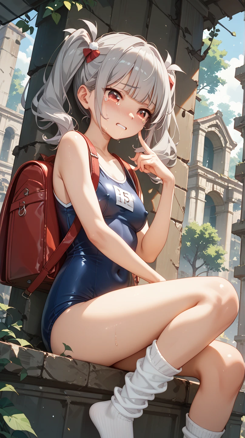 (NSFW:1.3), (realistic, photo realistic:1.2), ((highest quality)), pretty embarrassing, Alisa Mikhailovna Kujou, ahoge, long hair, grey hair, hair intakes, hair ribbon, red ribbon, sidelocks, hair between eyes, bangs, blue eyes, barefoot, (School swimsuit:1.2), (squat:1.4), put the heel on the ground, spread legs, squat with your knees up, Attach your ass to the ground, beautiful face details, real human skin, gentle expression, realistic, photorealistic, cute, squat deep on beach, whole body, Smile, natural smile, charming smile, enchanting smile, (looking at the viewer:1.2), From before, from below, (wind:1.1)