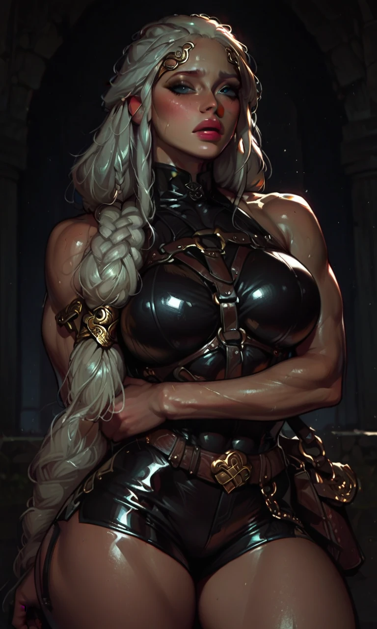 ((Detailed face)),((Mucha's style)),(vulgar),(portrait),huge breasts, Raised ,sexual excitement, The look of ecstasy,having after sex,half-up bouffant,(arms behind back:1.2),((addiction to sex))((Medieval fantasy Female knight )),Wearing sexy heavy armour,(high position:1.6),((American photo)), Kelly is a beautiful German woman, (((White Hair))), (((Demon Horns))), in the style of a Heavy Metal magazine cover, sexy barbarian, high detail face, high detail skin, fit athletic body, Heavy Metal aesthetic, ((tattoos)),walking with determination, (wearing weapons and explosives), ((extravagant breasts)), Large breast:1.8, heavy intense makeup, ((bodybuilder abs)), Futuristic sci-fi post-apocalyptic world, beautiful female evil creatures, madmax movie ,brutal violent dark cyberpunk dramatic background, high quality, masterpiece, realistic photo, intricately detailed, 8k, HDR, shallow depth of field, wide light, high contrast, backlight, light flares, chromatic aberration, sharp focus, RAW color photo, looking at the camera, erotic pose,(work of art, best qualityer:1.2), standing alone, 1 girl, salliemay, red skinned, ssmile, gazing at viewer, hand on hip, hair over one eye, hypdertailed, yellow sclera, torn garments, top cut, short shorts, waist belt,8k, masterpiece, Best Quality, photorealistic, raw photo, ultra high definition, 1 woman, ((Red eyes:1.4)), long messy black hair, Pale skin, deep blush, medium breasts, low-cut transparent dress with lace trim, black lace choker with diamond pendant, sitting at a desk, sad expression, head tilted down, eyes looking at the viewer, Mouth slightly open, (black lipstick:1.4), Medieval castle wall background, sweaty body, shiny body, wet body