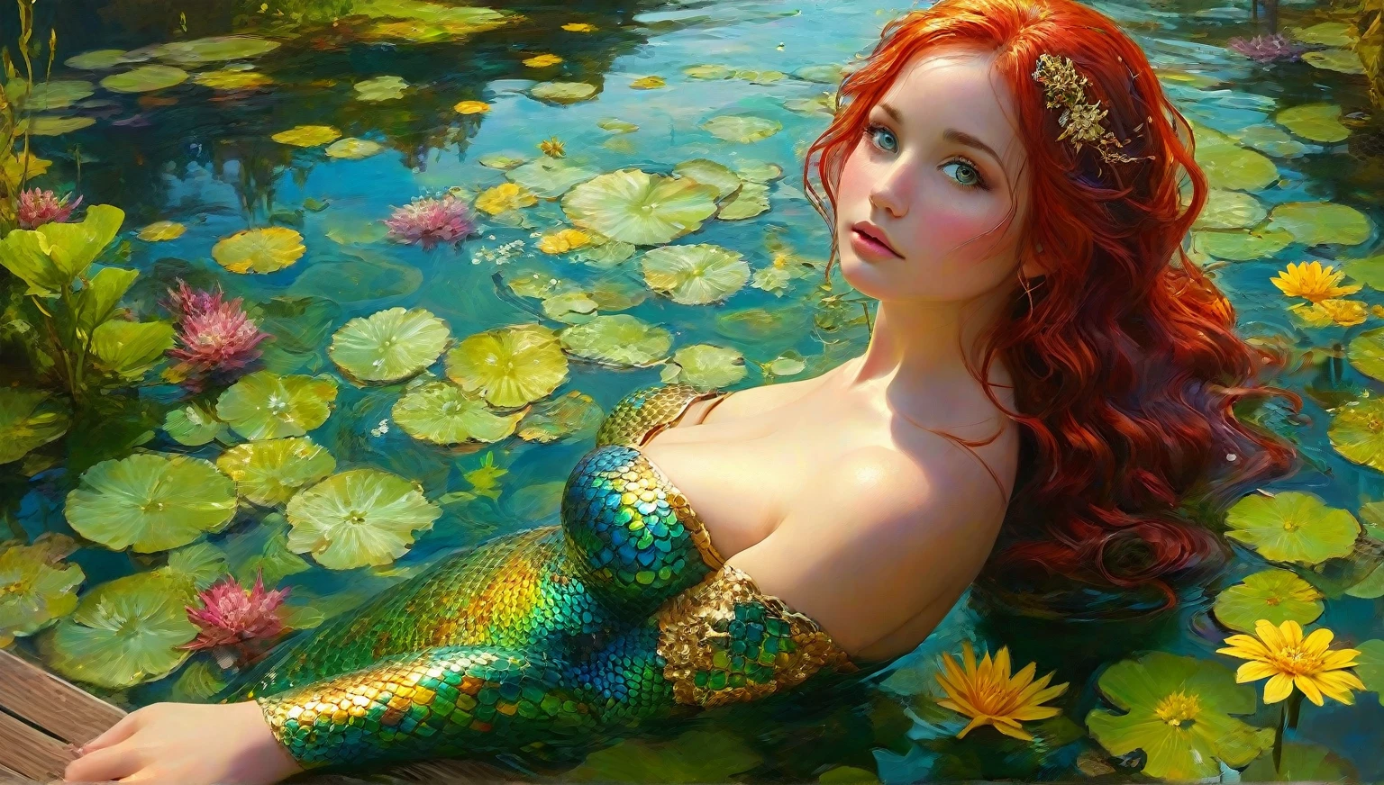 (masterpiece, best quality, photorealistic, ultra-detailed:1.2), a mermaid relaxing on a rock in the middle of sea of roses, (underwater, under the sea), perfect body, large breasts, wide hips, golden fin and scales, surreal, whimsical cartoon style, artgerm