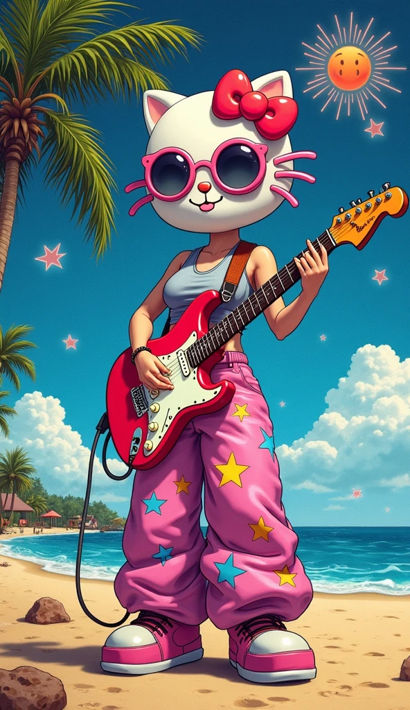 Lammy, furry, deer ears, blunt horns, half-open eyes ,red hair, black eyes,small breasts, red bikini, floral skirt, green watch, looking at viewer, serious, smiling, medium shot, holding a electric guitar, outside, beach, sunset, palm trees, dusk, high quality, masterpiece, <lora:Lammy:.8>