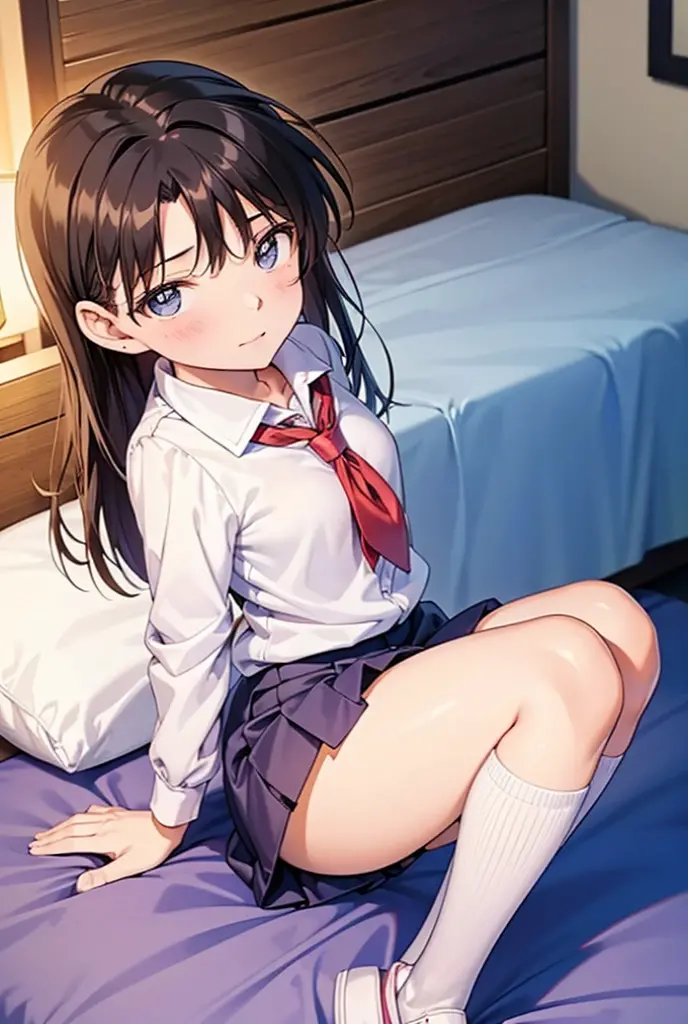 masterpiece,beste Quality, Misaka_mikoto,solo, brown eyes, Short_Hair, Small_Breast,tears,open mouth,cowboy shot,shoot from front,Student uniforms, tokiwadai_School_uniform, white shirt, Sweater Vest, Gray miniskirt,perfect white panties、camel toe,White loose socks, sitting,sweat,simple bed、simple bedroom、