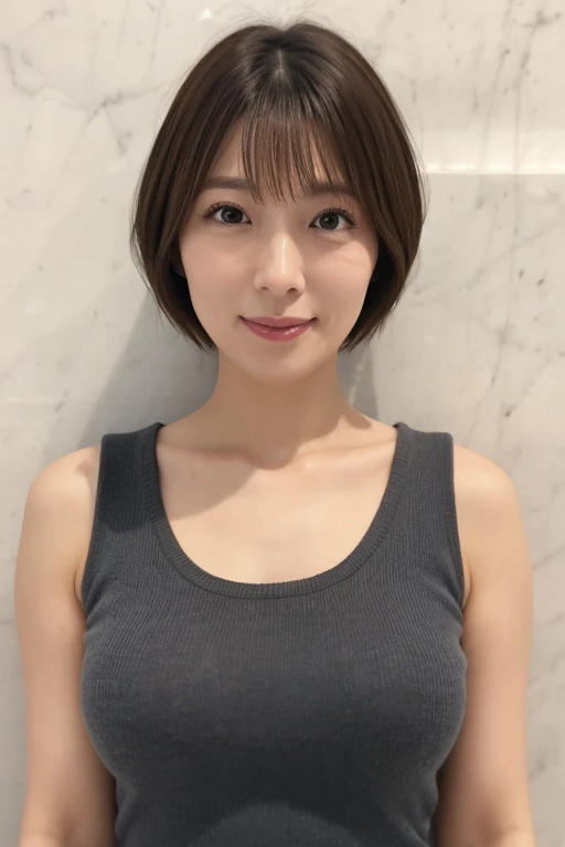 ((Highest quality、8K、masterpiece:1.3))、1 Girl、Thin abdominal muscles、Highly detailed face、Detailed eyes、double eyelid、Large Breasts、E cup breasts、、40-year-old woman、short hair、Straight Bob Hair、Short hair with bangs、Laughter、Beautiful girl highlighting her nakedness:1.3、Clothing with a loose chest、Upper Body、gray plain background、smile