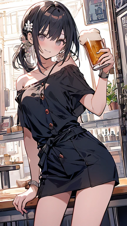 ((masterpiece, best quality, high resolution, UHD, pixel perfect, depth of field, 32k, RTX, HDR)), 1 girl, girl stile anime, cowboy shot, BREAK, long hair, purple hair, (with red bandana), brown eyes, well defined eyes, high definition eyes, eyelashes and black shadow under the eyes, high gloss eyes, looking at the viewer, BREAK, wearing gold hoop earrings, (brown fishing pants) with a Renaissance blouse with white ruffles, with bare shoulders, BREAK, oily skin, with a lot of sweat on the body, perfect anatomy, cleavage, neckline, big breast, big teats, BREAK, wearing a black choker, standing facing viewer, holding a pirate gun on a island in a sunset with the sea in the background.