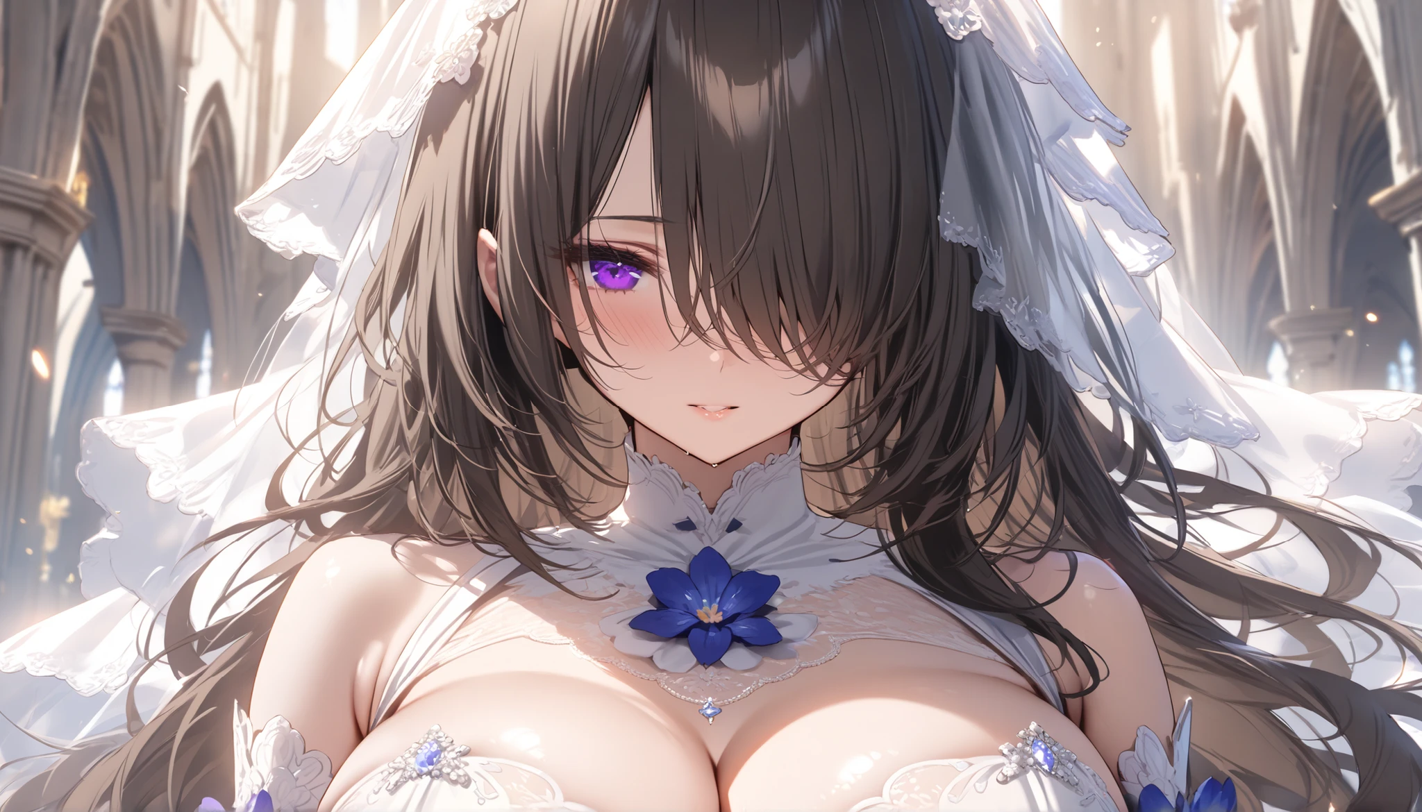 (hoang lap,A high resolution,ultra - detailed),1girll,Black-purple hair color,the hair,Curl,The cleavage protrudes,Black wedding dress,Veil behind the head,White veil,Silver tiara,a sense of atmosphere,Light,Headshot