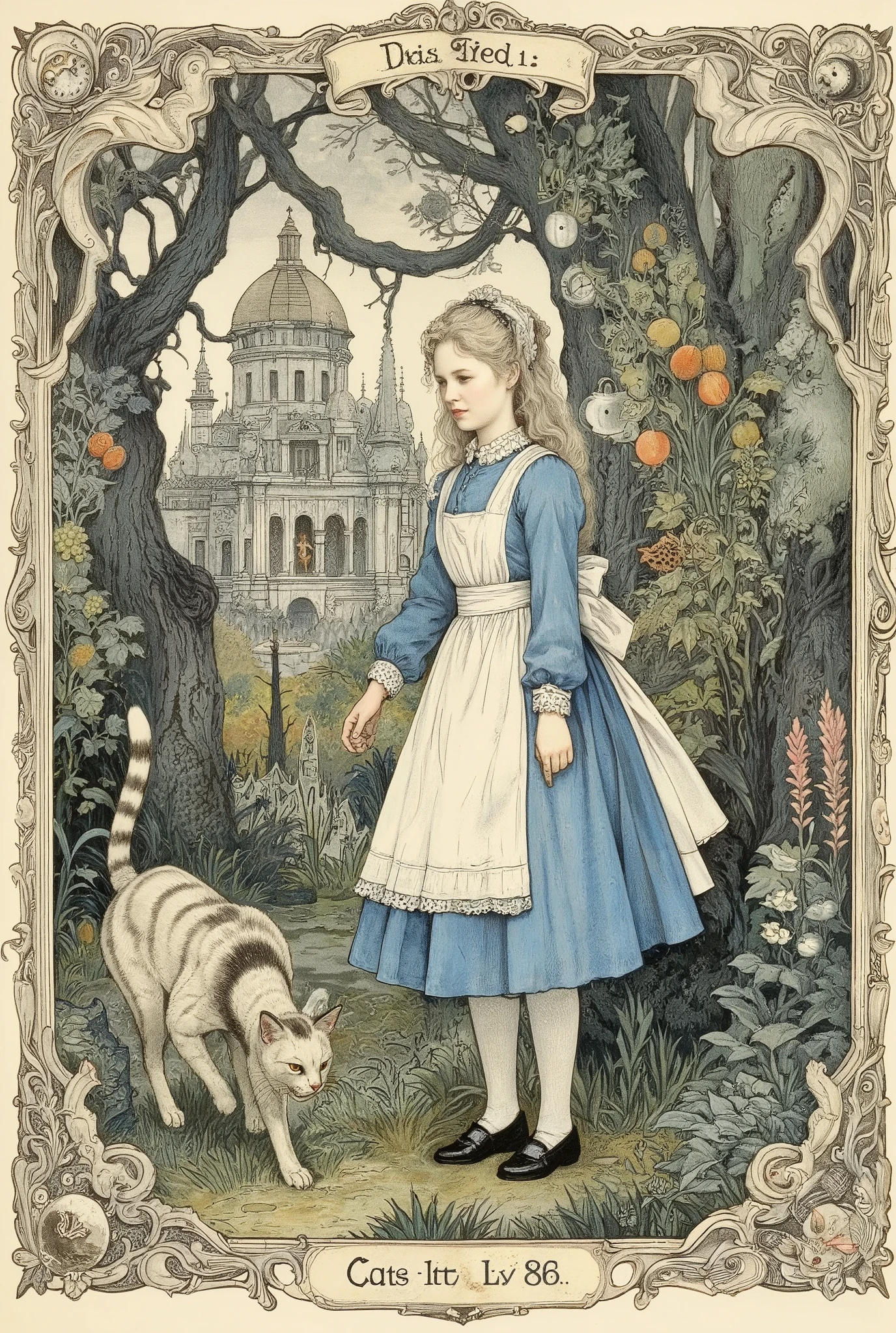 An old Victorian-style illustration, reminiscent of an engraving from a ren's book of the 19th century. Alice (a sweet girl in a blue silk dress with a lace apron and black patent leather shoes) stands in an overgrown magical garden among giant mushrooms and talking flowers. Next to it is a Cheshire Cat, grinning and half—disappearing into thin air, leaving only a striped tail and a wide grin. The background is a bizarre forest with twisted trees that have faces and clocks growing on branches instead of fruits. In the distance, you can see a crazy Tea bank with a March Hare and a Hatter.
Style: fine pen graphics with a light watercolor touch-up, in the spirit of vintage illustrations. Black and white base with soft grey-blue and pastel tones. Careful hatching, vignettes, scuffs and a slight yellowness, like an old page. Details: patterned frames, curlicues in the corners, the inscription in old–fashioned font: "Chapter V - Advice from a Caterpillar". The mood is mysterious, slightly surreal, but charming, like in a fairy tale with a hint of mystery.Victorian etching, cross-hatching, subtle watercolor wash.Sepia tones, muted blues, creamy whites. Fine linework, aged paper texture, whimsical marginalia.
